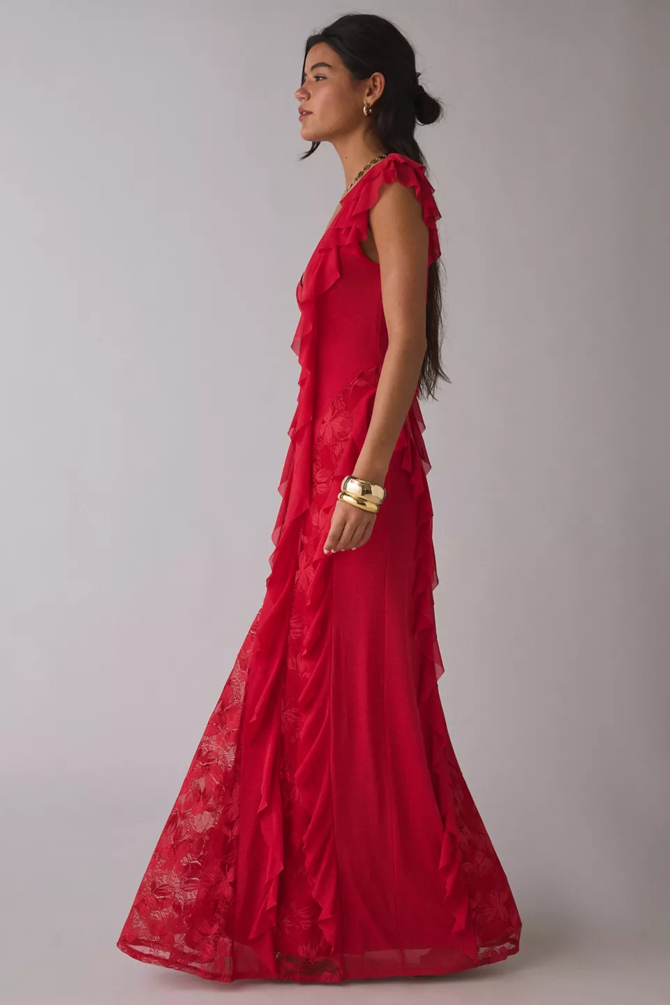 AFRM Trista Cascading Ruffle Lace Maxi Dress