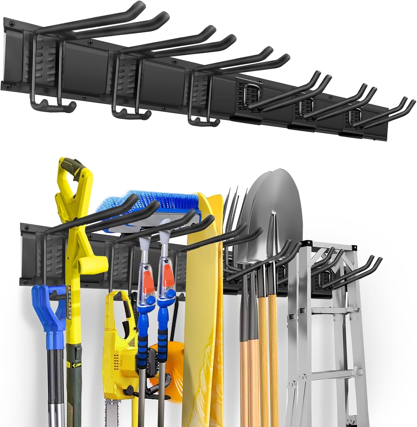 Garage Tool Organizer Wall Mount, Heavy Duty 48 Inch Garage Storage System with Adjustable Hooks, Garden Tool Rack for Shovel, Rake, Broom, Snowboard, Shed Organization