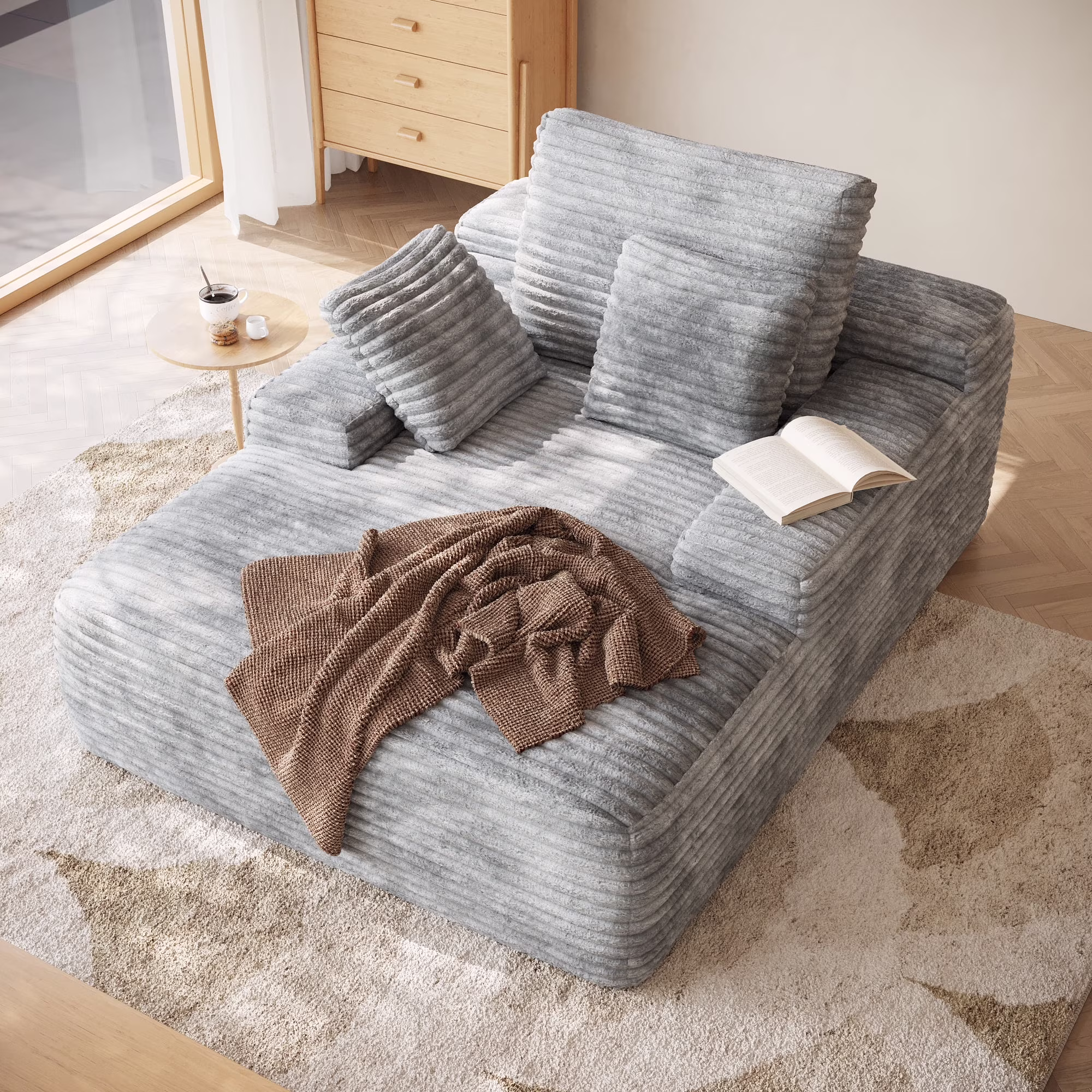 Oversized Chaise Lounge Chair Indoor,Upholstered Sofa Bed with Throw Pillows and Armrests,Sleeper Chair for Living Room,Bedroom,Brown,Corduroy(Brown) - Image 7