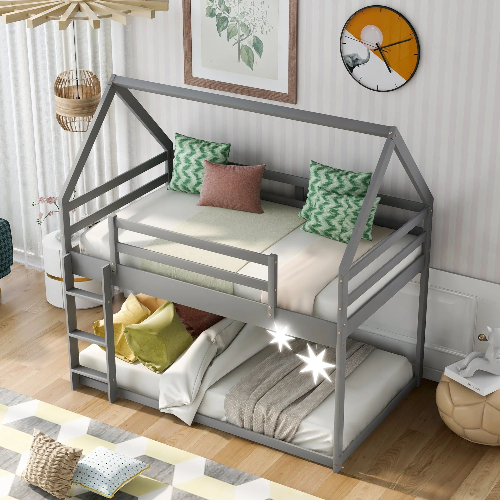 Euroco Twin over Twin House Bed, Low Bunk Bed for Kid's Room, Gray