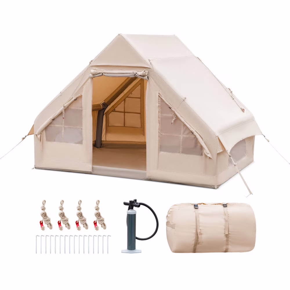 GVN Backyard Garden Canopy, Camping Canopy Screen Tent, Inflatable Camping Tent 2/4/6 People Glamping Tent for Family Camping with Pump-Beige