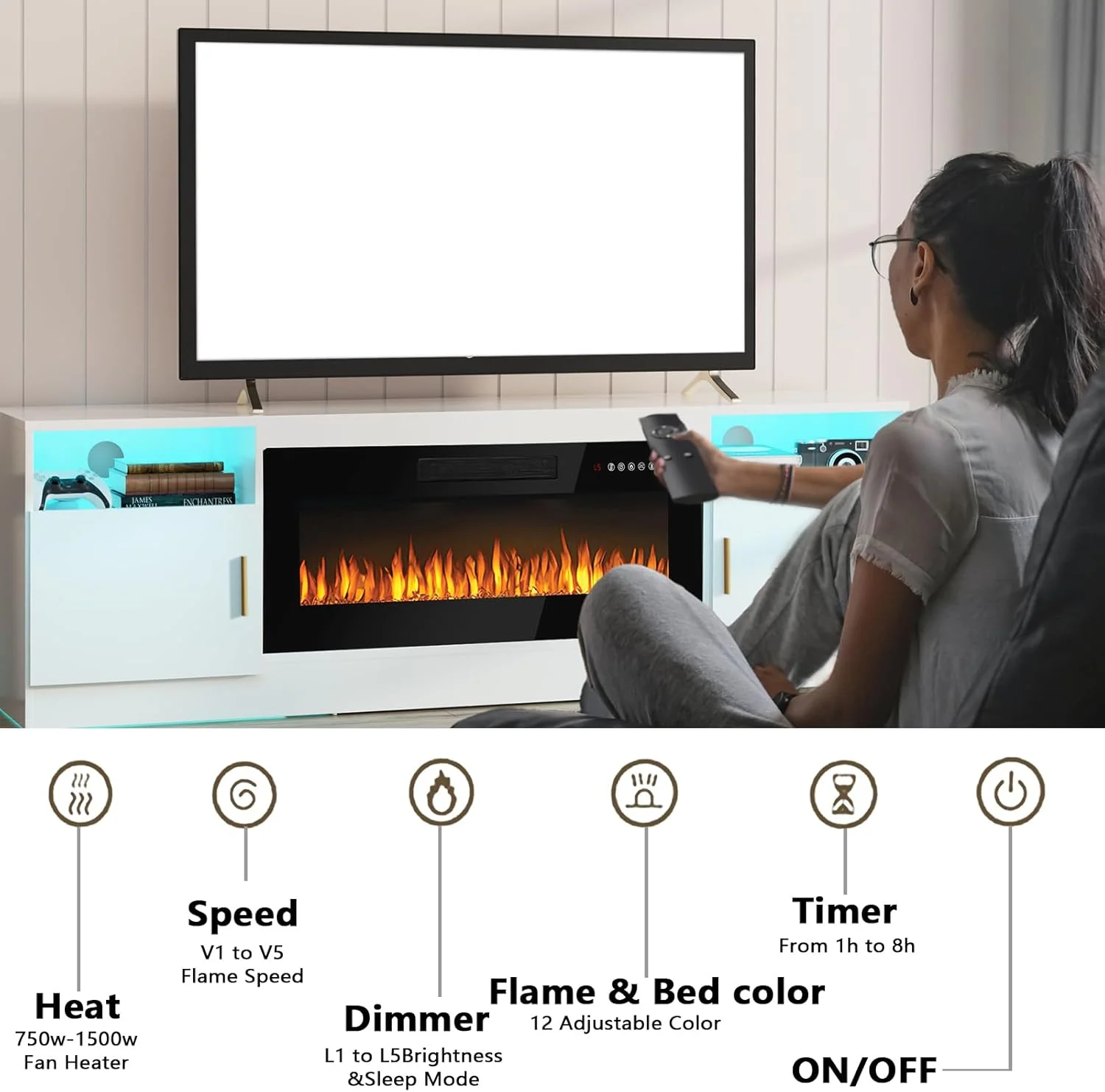 Fireplace tv Stand with 36 inch Fireplace Up to 80" TVs,LED Light Entertainment Center and Storage(70" Wood Composite/White) - Image 6