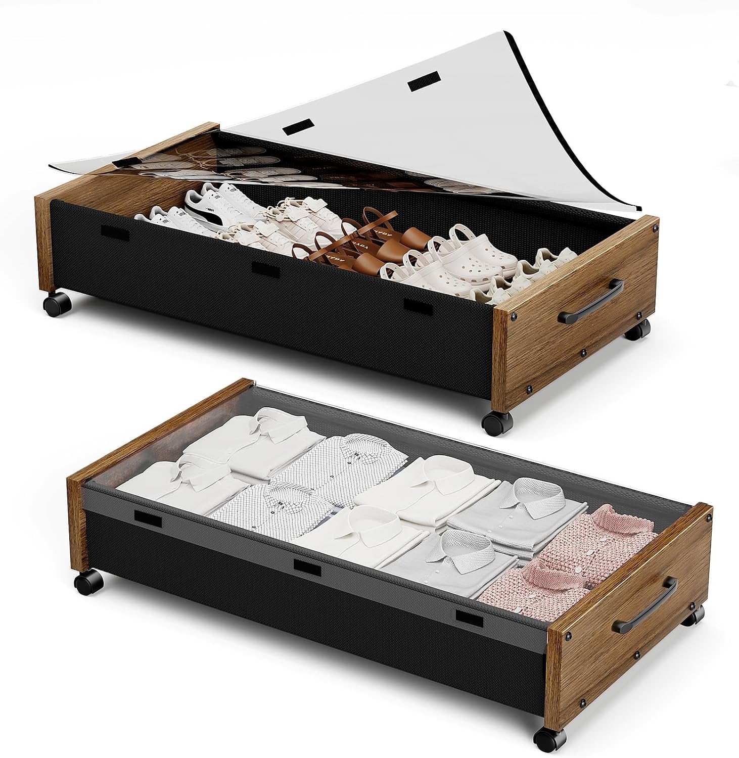 KITHELP Wooden Under Bed Storage with Wheels, Rolling Under the Bed Storage Bins with Removable Lid, Metal Under Bed Drawers for Clothes and Shoes in Bedroom or Living Room (Walnut Brown-2pack)