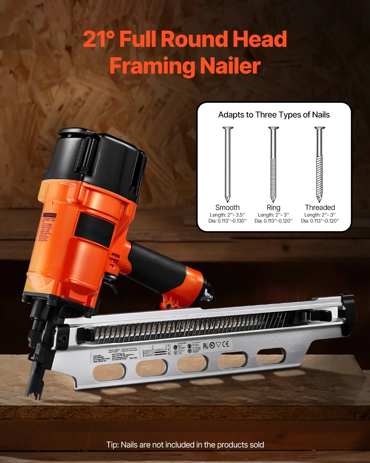 KFFKFF Nail Gun, 2 to 3-1/2 21 Degree Full Round Head, Pneumatic with Dual Firing Options & No-Tool Depth Modification, 80-120PSI Professional Air Powered Tool for Floor, Deck & Frame Construction
