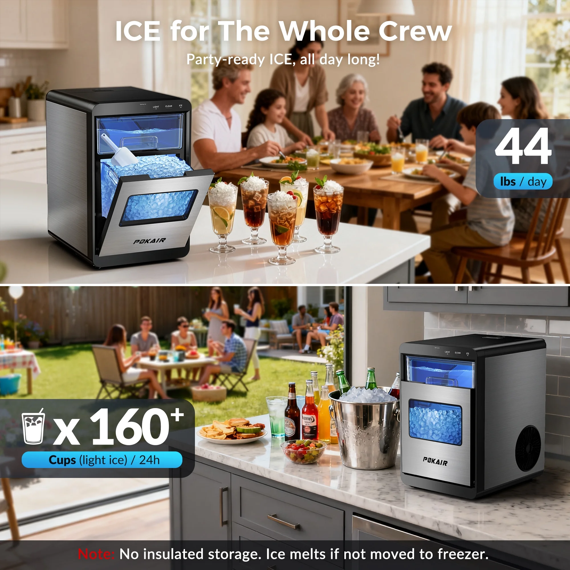 POKAIR Ice Maker, Nugget Ice Maker Portable Countertop 44 lb/Day, One - Touch Instant Ice & Self - Cleaning, Pebble Ice Machine for Home Office RV, Stainless Steel