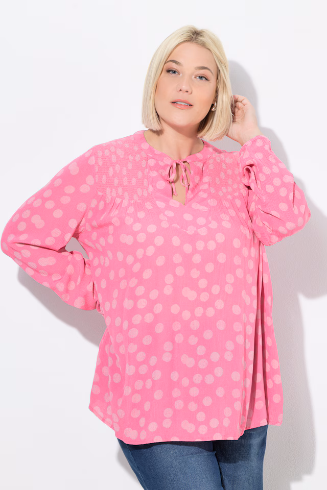 Smocked Long Sleeve Polka Dot Blouse