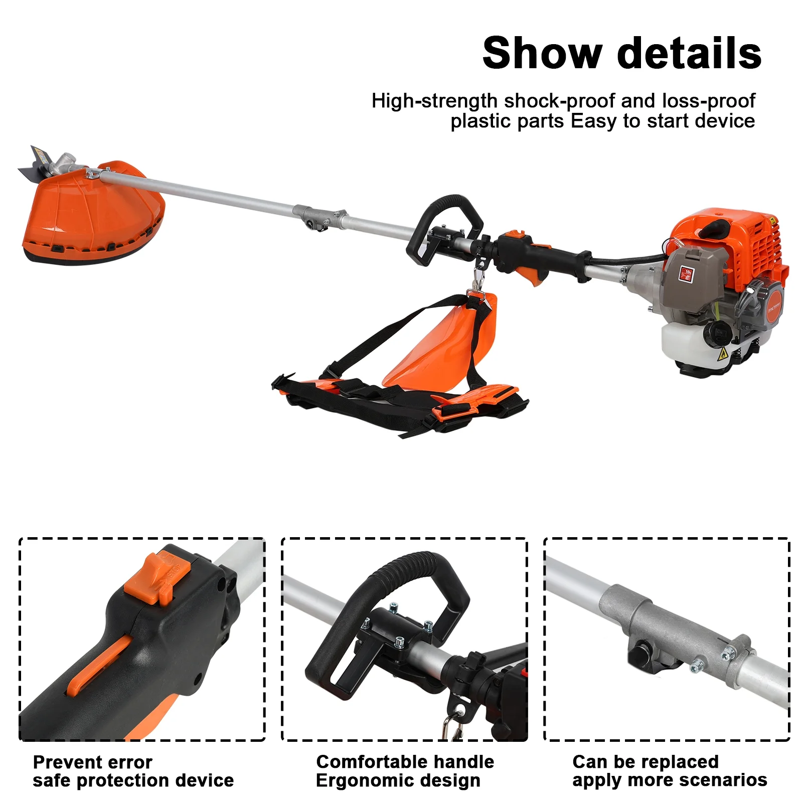 Gas Weed Eater 52cc, Powerful 2-Stroke Engine Weed Wacker with Multi-Function Attachments, 9500rpm Gas Powered Brush Cutter, Orange, for Lawn Garden(Orange 5 in 1) - Image 3