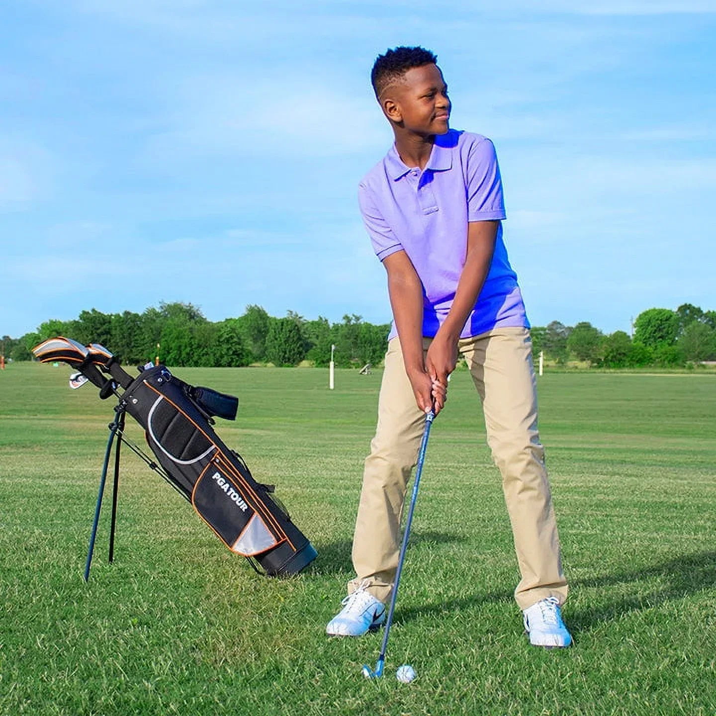 PGA Tour Right-Handed 10 Piece Kids Golf Club Stand Bag Set; Player Height 4'8 - 5'2, Ages 8-12