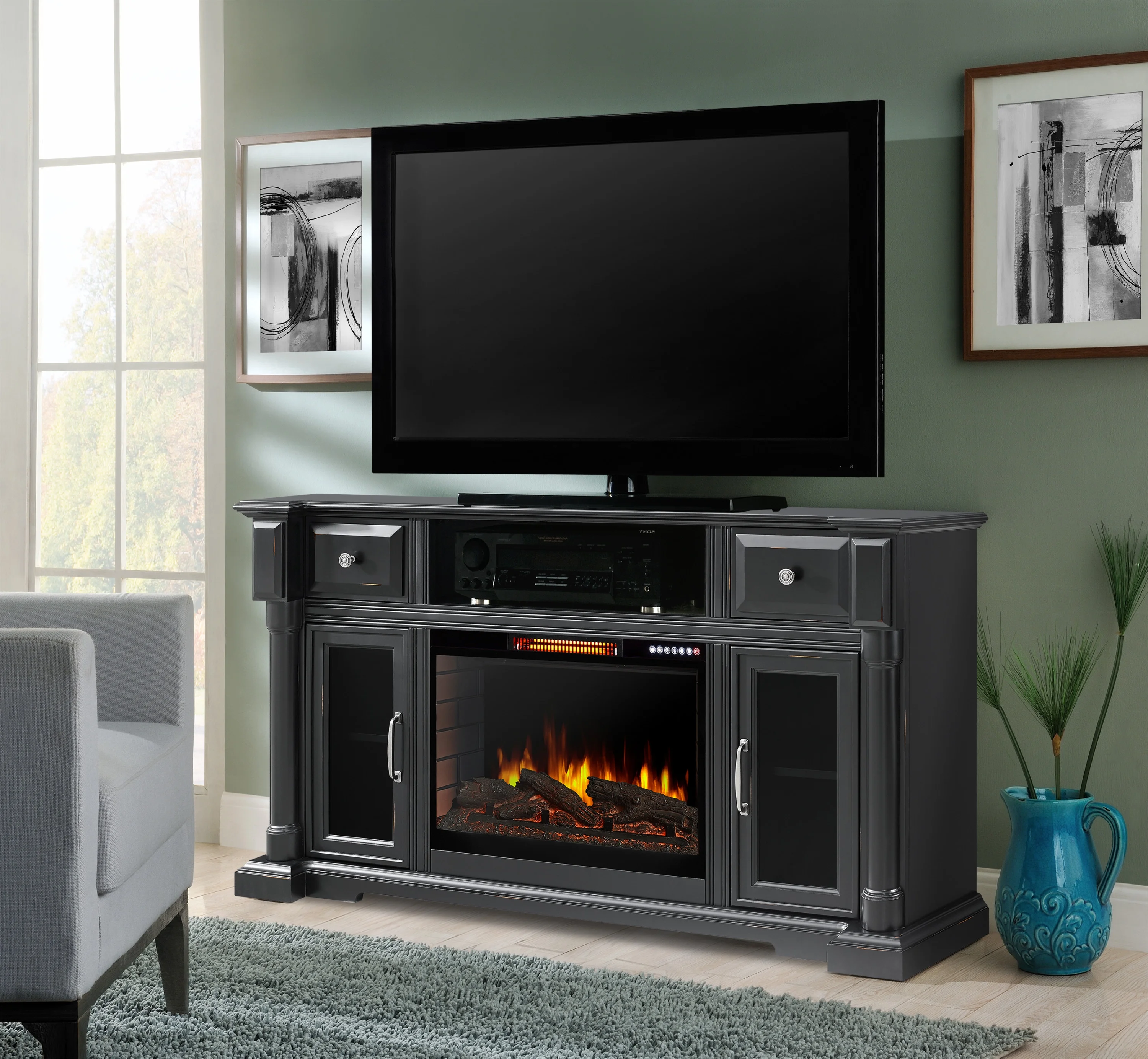 Muskoka Arlington 60-in Freestanding Media Electric Fireplace Bluetooth Aged Black