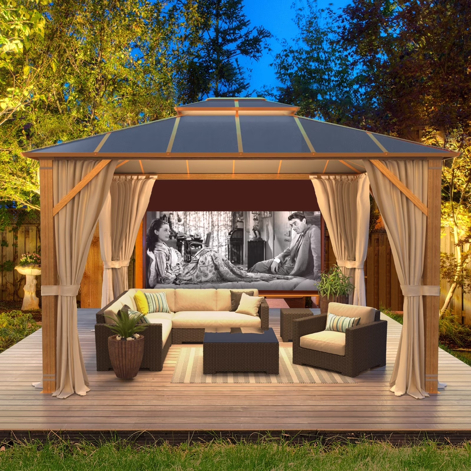 Erommy  Hardtop Gazebo, Waterproof Aluminum Pavilion with Netting & Curtains for Patio, Garden Dusty Blue 10'x12'