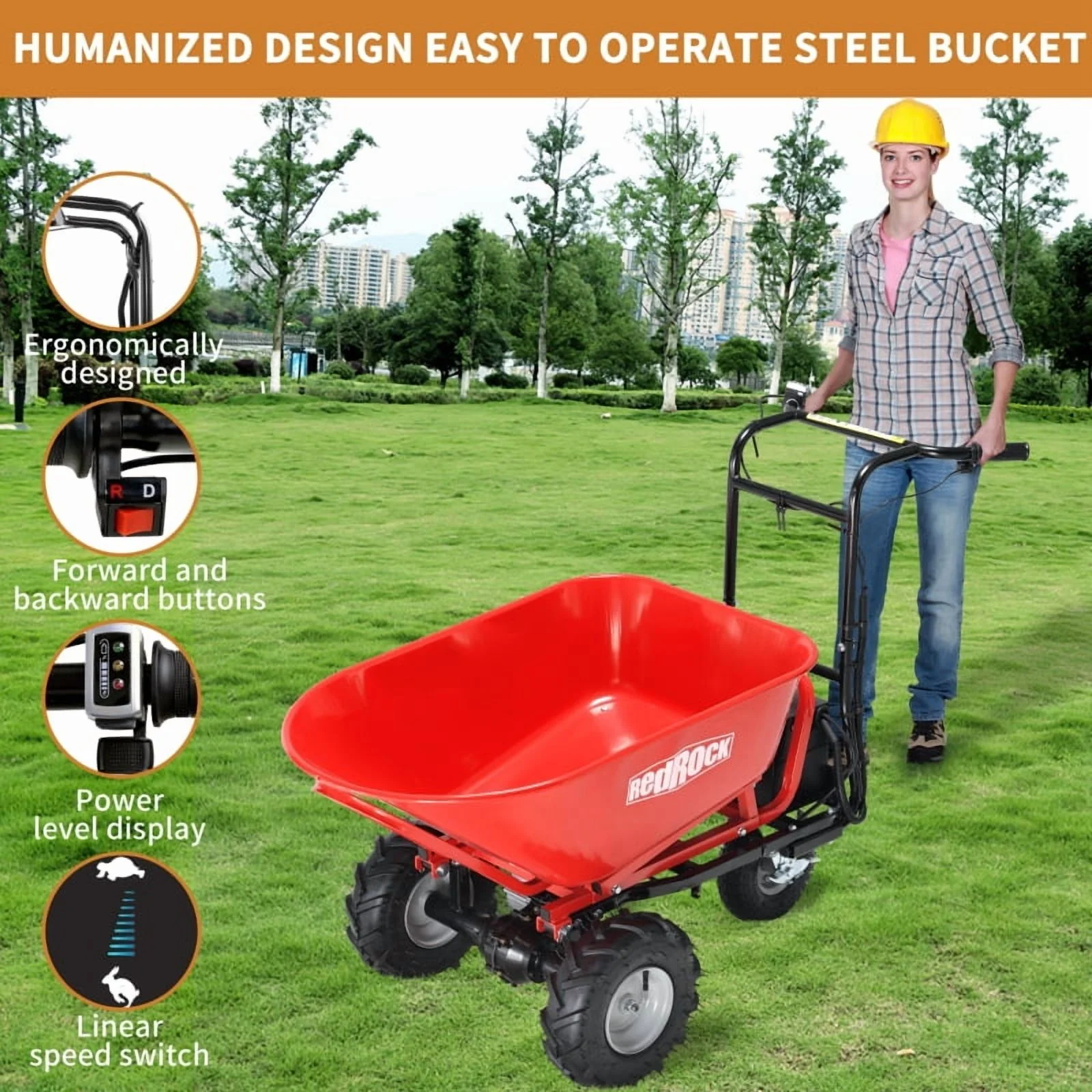 Wheelbarrow Utility Cart Electric Powered Cart 48V28Ah 500W Capacity 500lbs (230kg) Material Debris Hauler 1000lbs Towing - Image 4