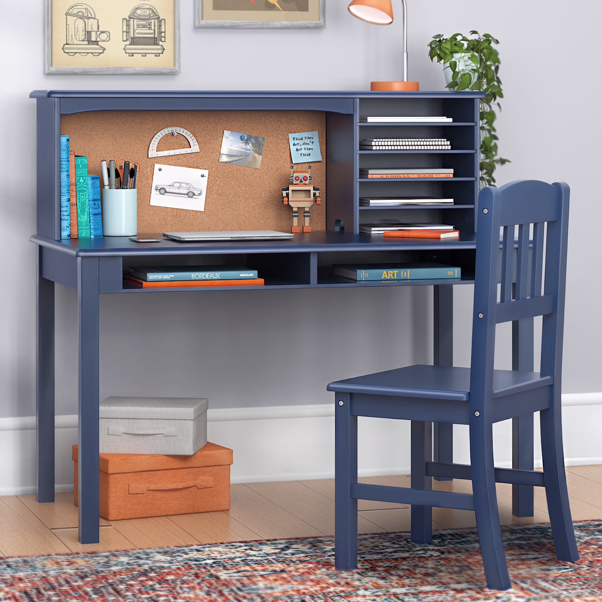 Kids Media Desk and Chair Set Gray: Kids Desk and Chair Set, Study Table for Kids with Hutch and Shelf, Wood Bedroom Furniture Set(Gray) - Image 9