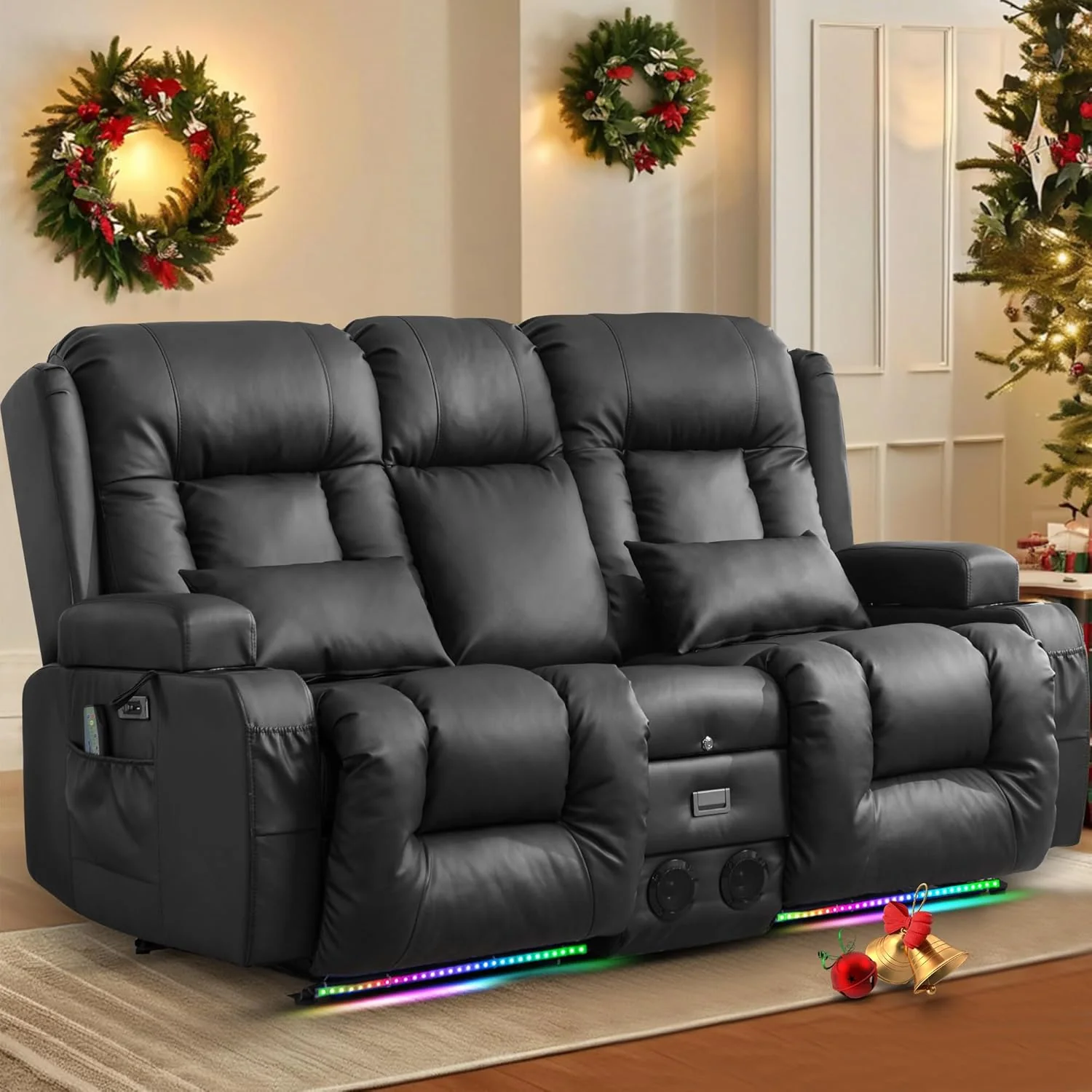 Canapé inclinable électrique TUNYI avec fonction massage et chauffage, idéal pour le home cinéma, avec console et système de relaxation électrique pour camping-car, équipé de ports USB, prises de courant, rangements, poches latérales, éclairage LED e