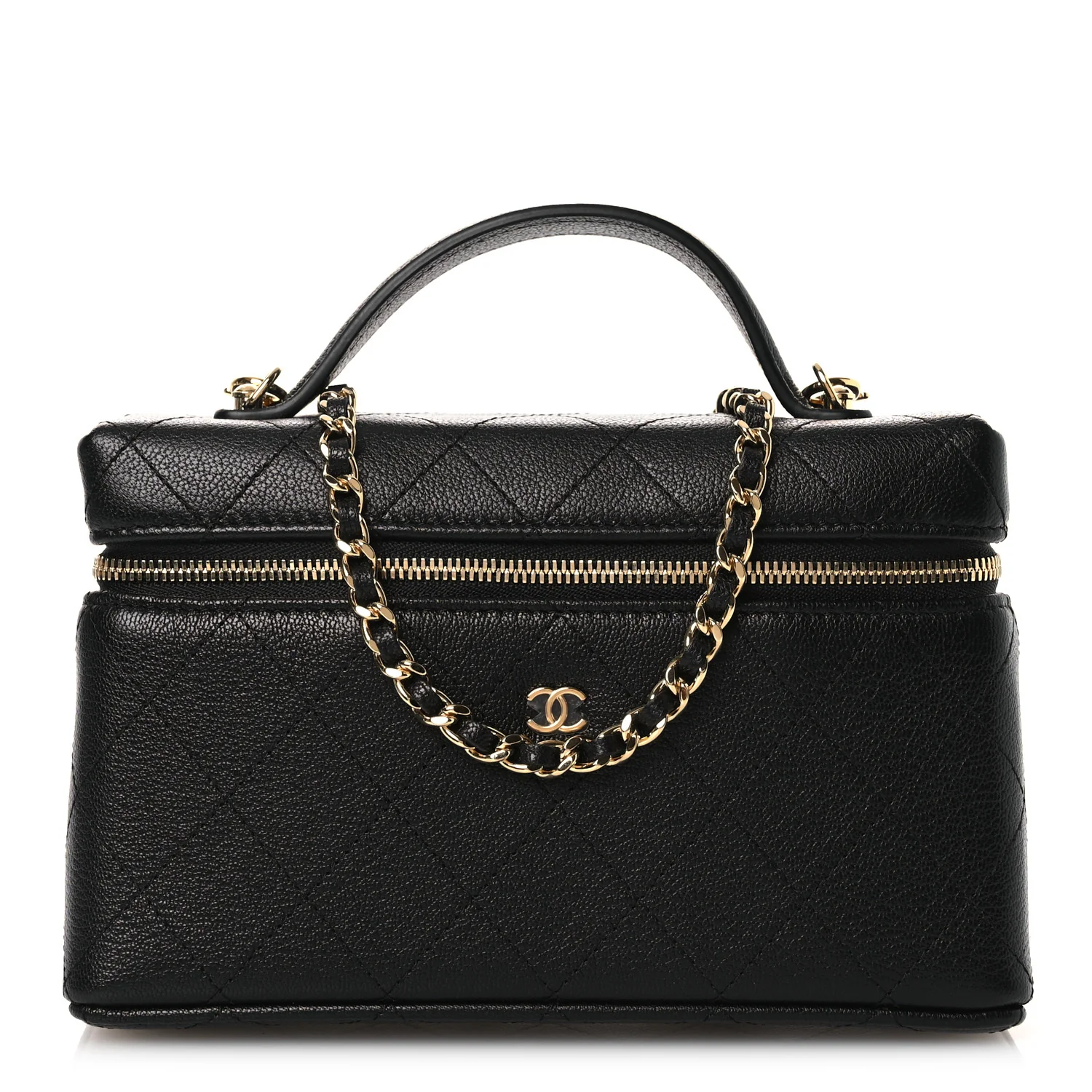 Goatskin Stitched Top Handle Slim Vanity With Chain Black