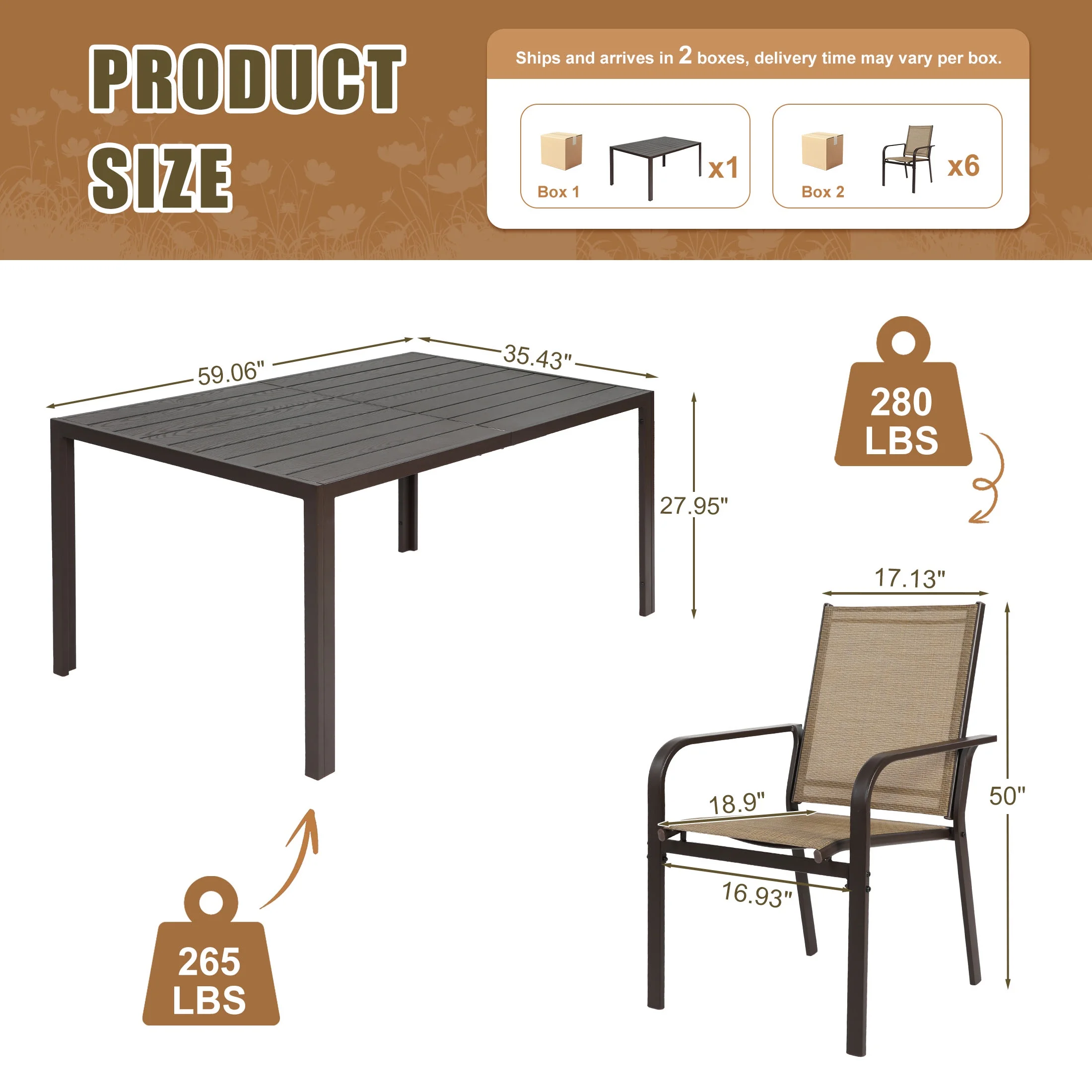 7 Piece Outdoor Dining Set, Patio Dining Table Set for 6 Persons, Garden Patio Textilene Dining Furniture Set with Plastic-Wood Tabletop, Dining Table Chairs Conversation Set for Deck Patio(Brown) - Image 10