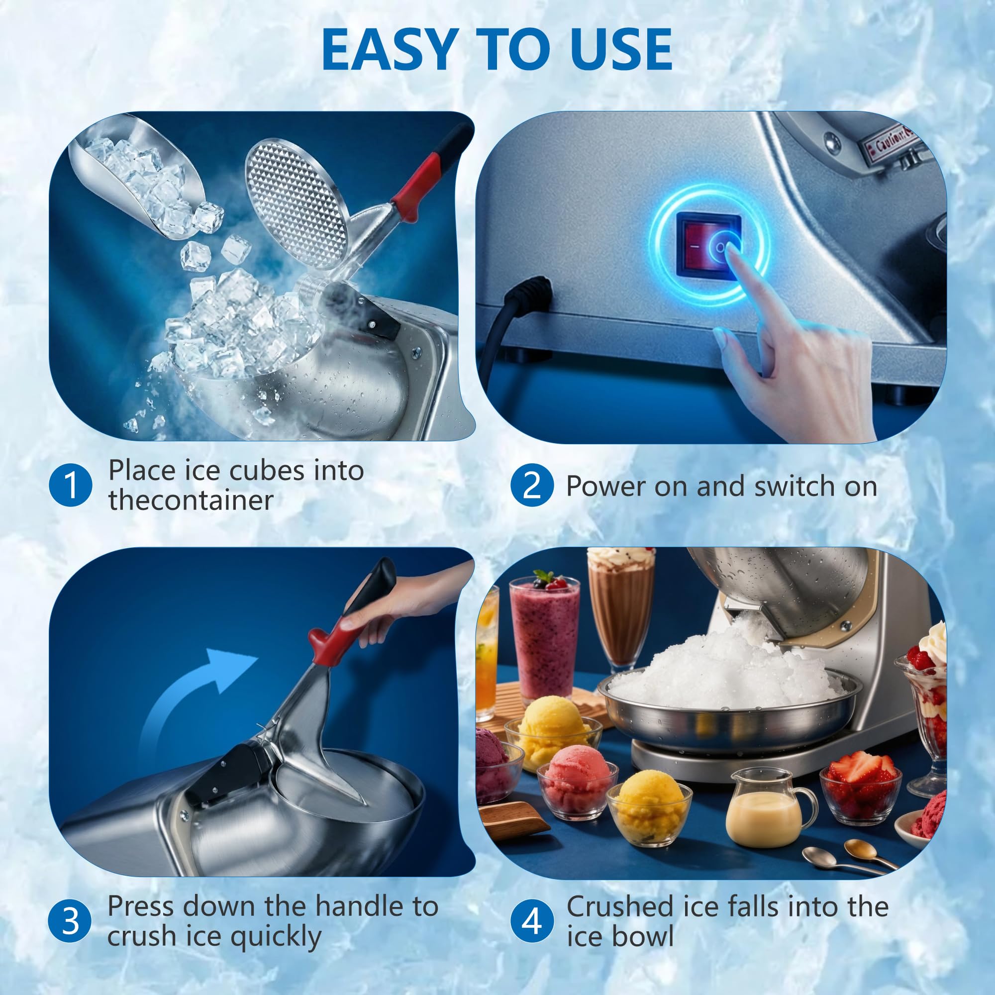 Electric Ice Crusher, Shaved Ice Snow Cone Machine, Silver | 300W 2000r/min Stainless Steel Blade