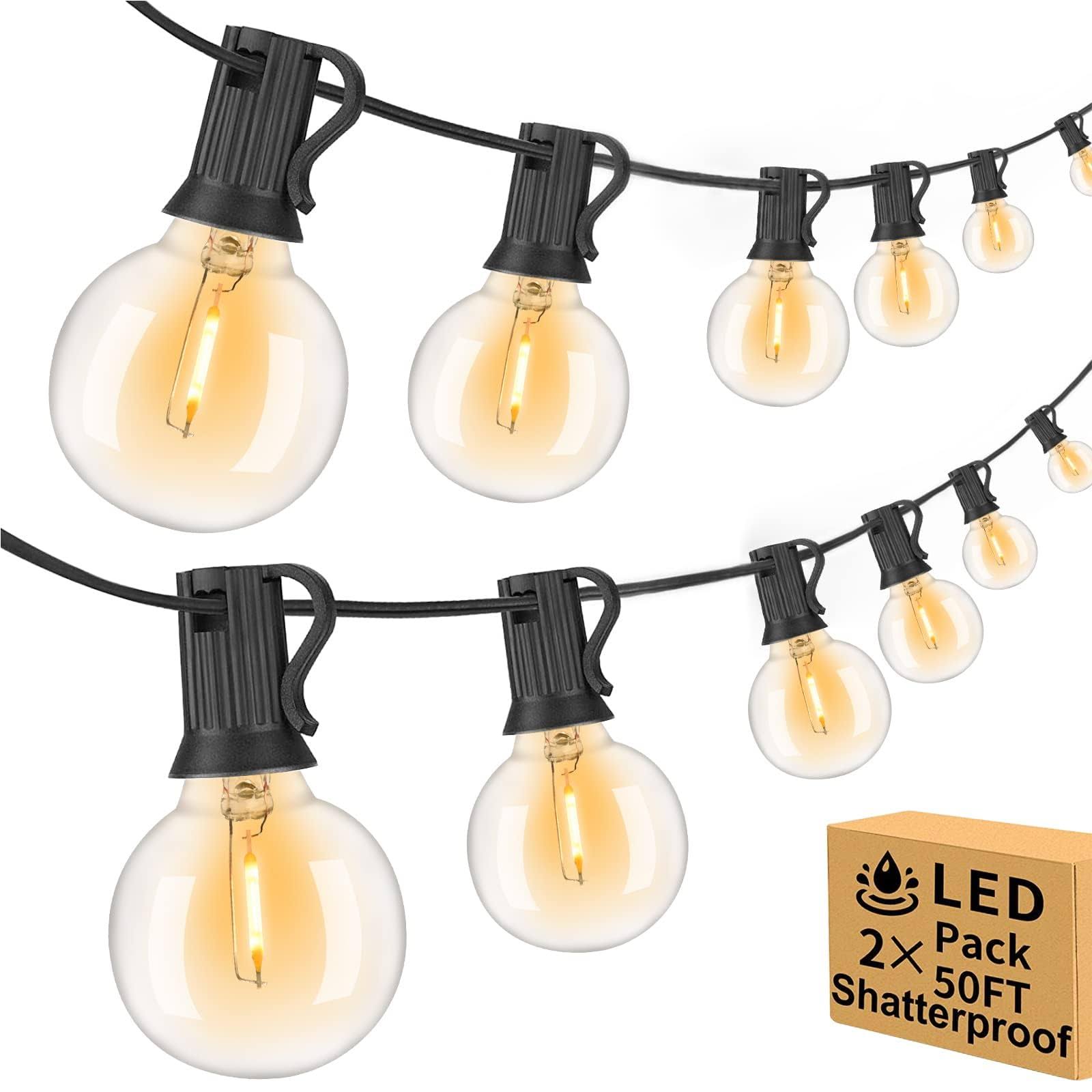 Arbrac 100ft 2-Pack Outdoor String Lights Waterproof with 52 LED Dimmable Shatterproof Bulbs, UL Approval Globe G40 String Lights 1W 2700K Outdoor