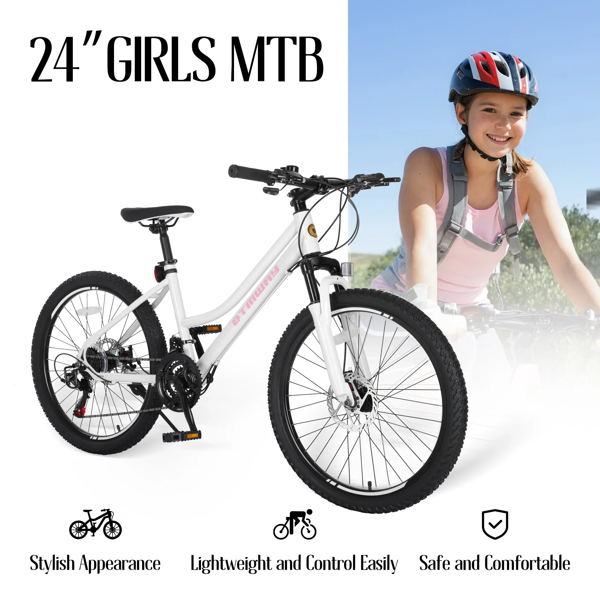 iRerts 24 Inch Mountain Bike, Shimano 21 Speed Mens Mountain Bike, Gear MTB Mens Bicycle with Dual Disc Brakes and Front Suspension, Pink