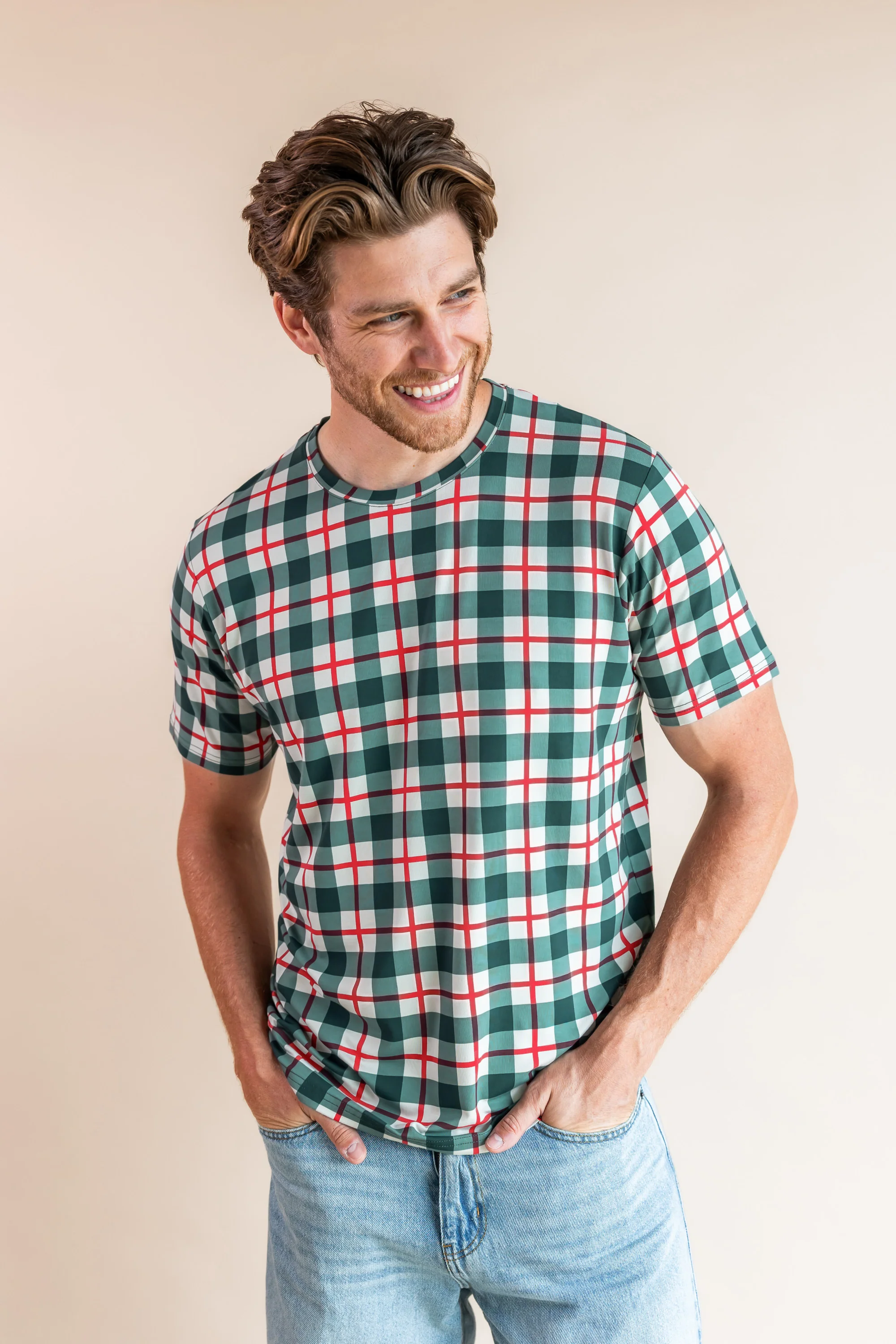 Men's Crew Neck Tee in Holiday Plaid