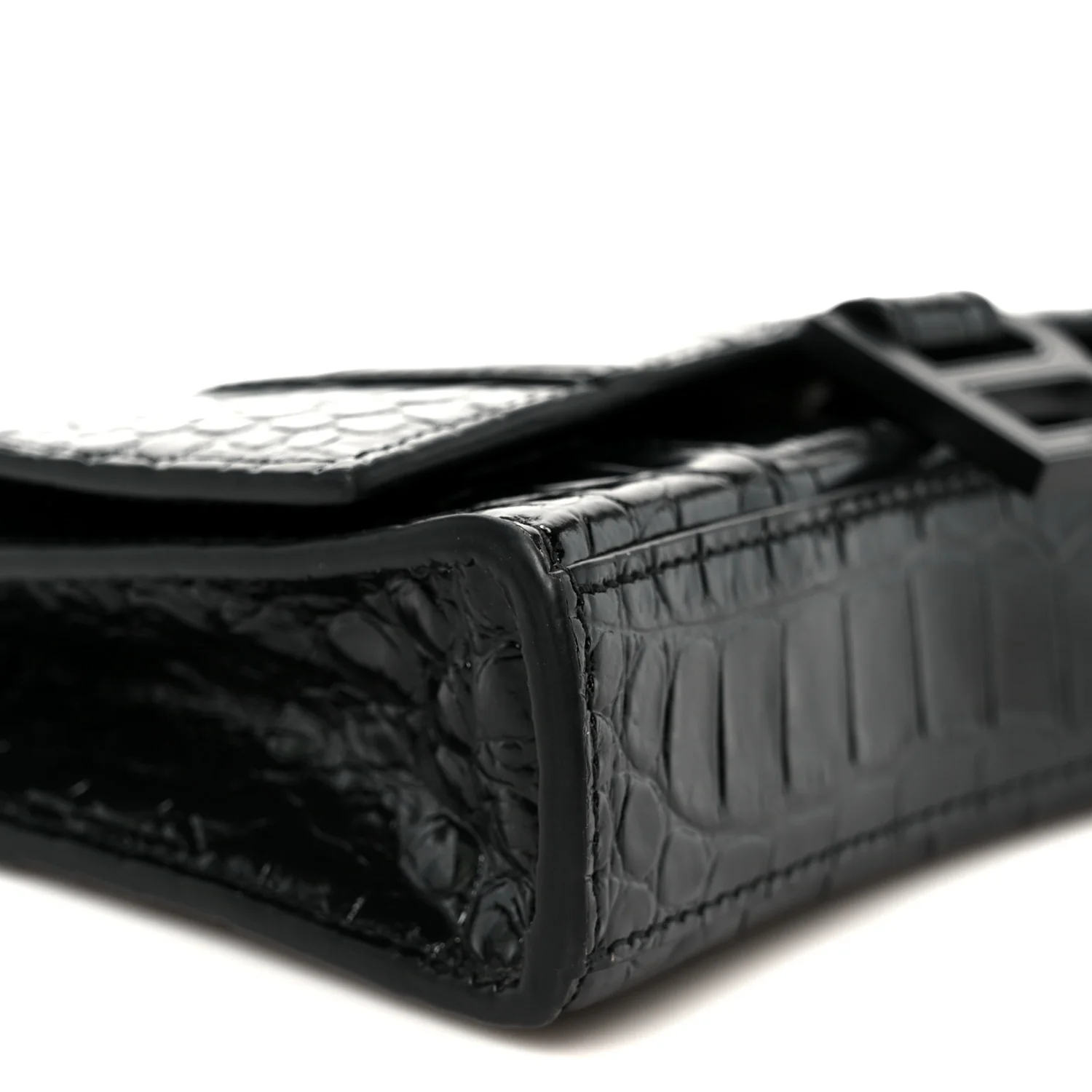Shiny Calfskin Monochrome Crocodile Embossed Hourglass Chain Bag Black