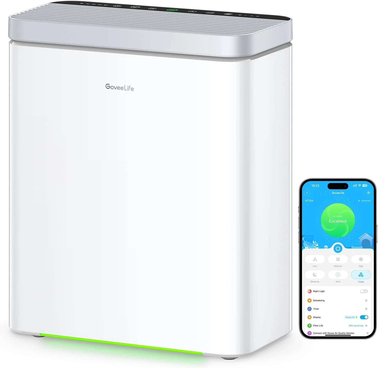 Purificateur d'air intelligent GoveeLife pour grandes pièces, couvre jusqu'à 97 m², avec moniteur PM2.5, mode sommeil et filtre 3 en 1. Compatible avec une application et Alexa, il élimine les poils d'animaux, les odeurs, le pollen et la fumée.