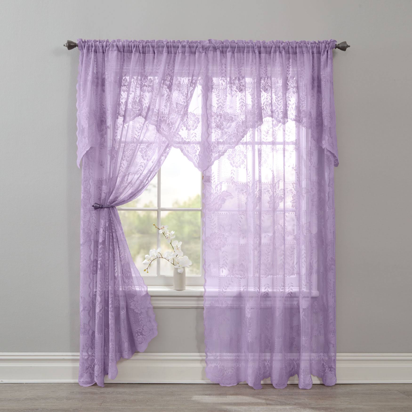 Wide Width Ella Floral Lace Panel with Attached Valance by BrylaneHome in Lilac (Size 58