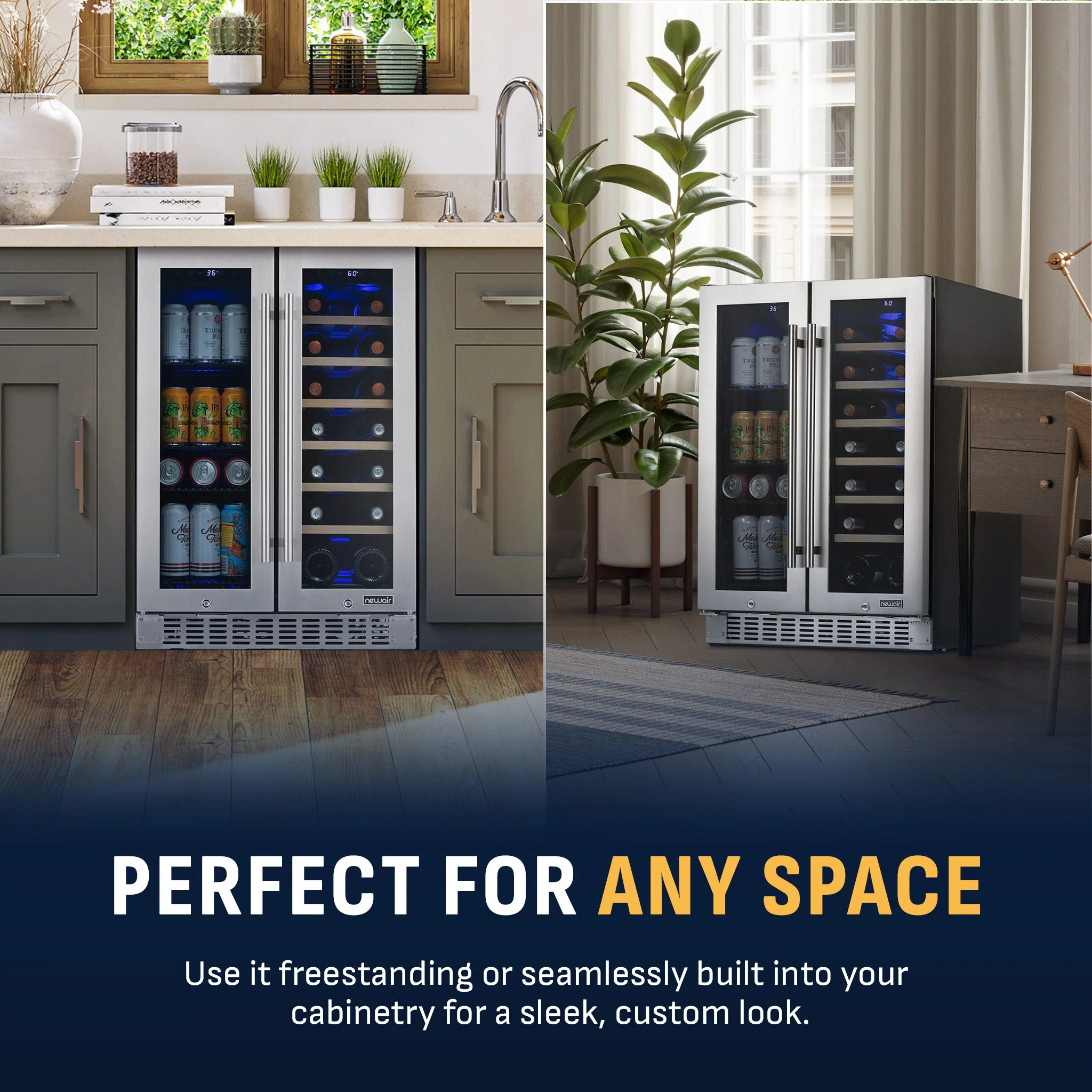 Newair 58-Can, 18-Bottle Premium Built-in Dual Zone Beverage Fridge - 24