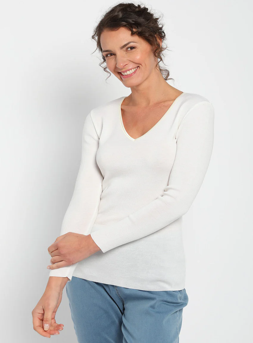 Tee Shirt femme laine mérinos manches longues col V  Blanc naturel