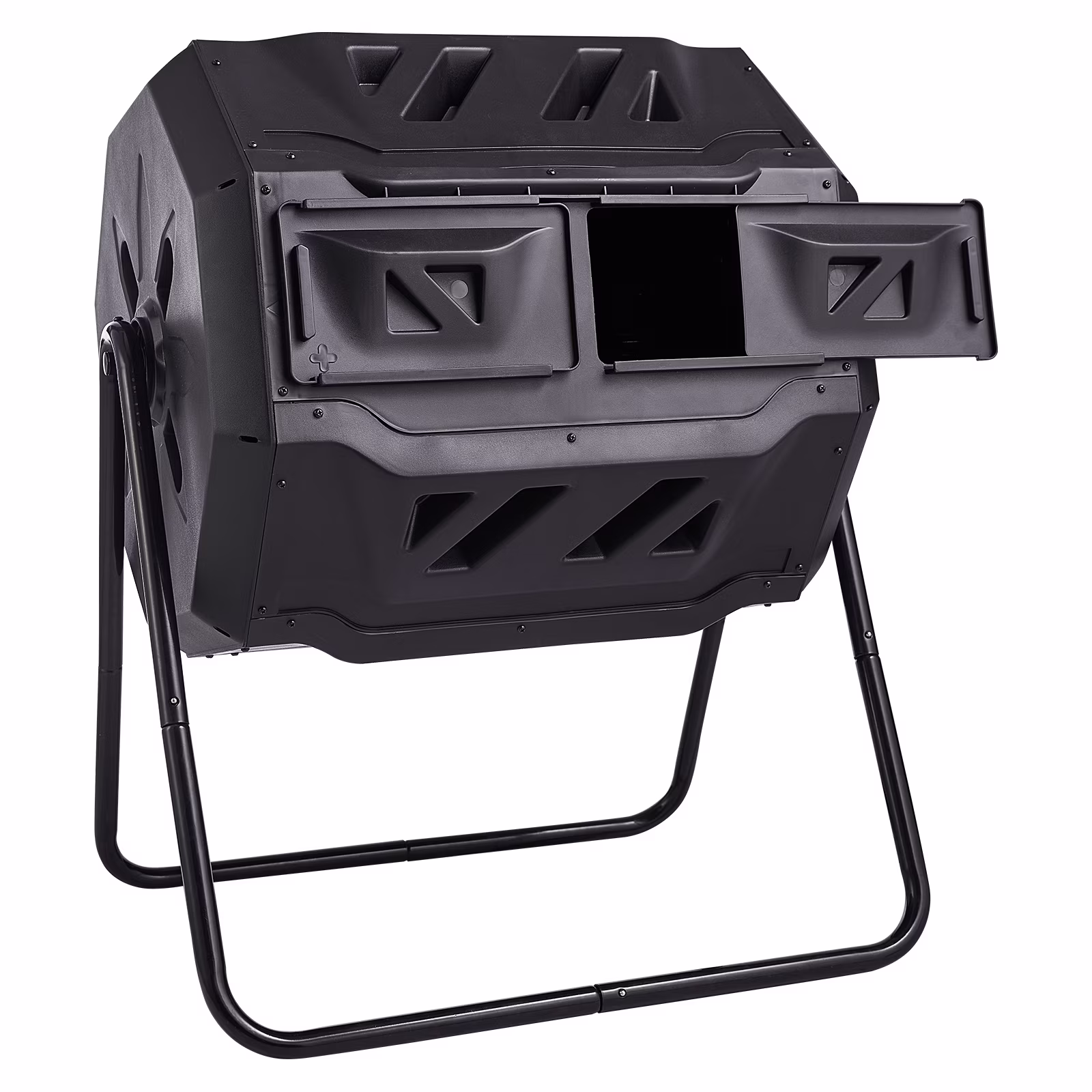 KFFKFF Compost Bin, 43-Gal Two-Section Rotating Compost Mixer, Spacious Tumbler with Dual Access Doors & Metal Support, Eco-Friendly Garden/Kitchen Waste Solution for Outdoor Use