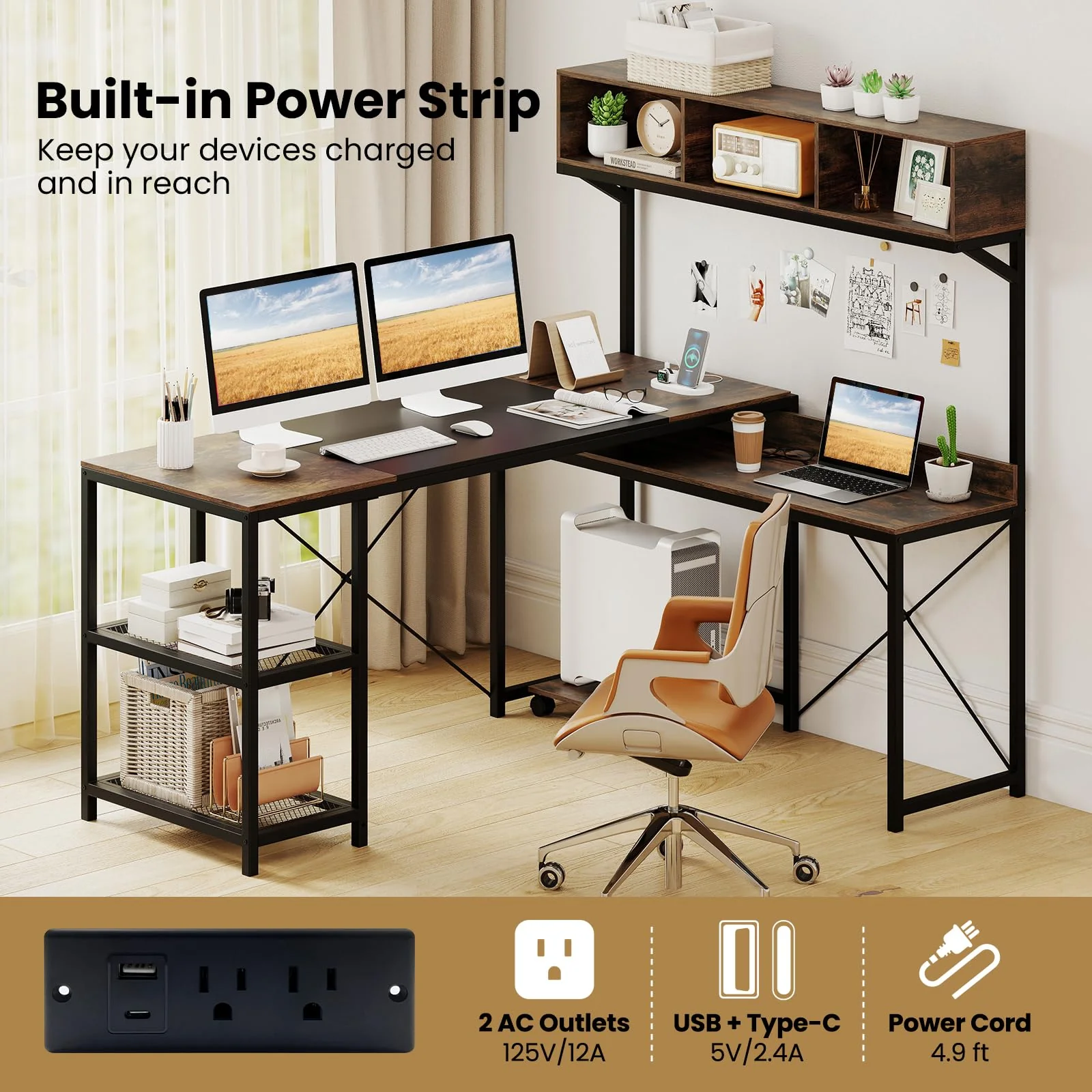 Tangkula L-Shaped Computer Desk with Power Outlets