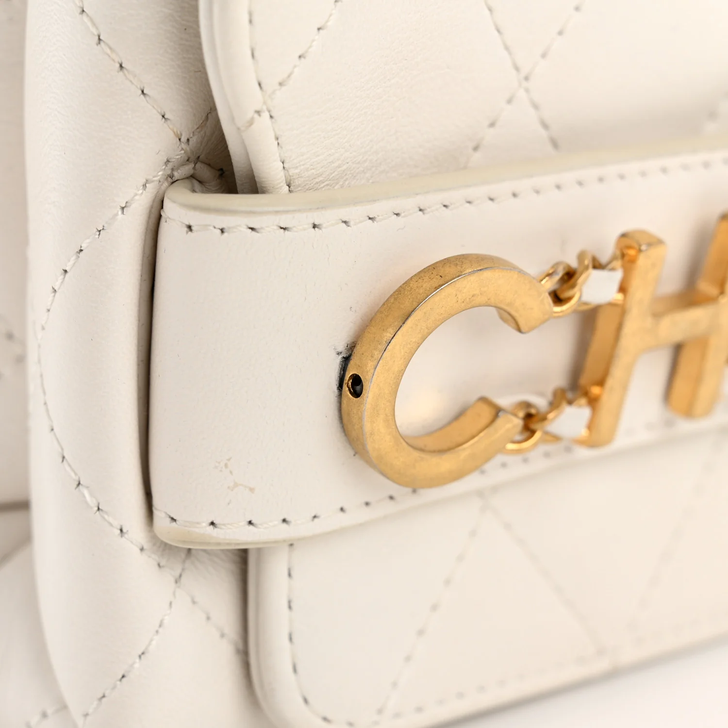 Calfskin Quilted Small Enchained Flap White