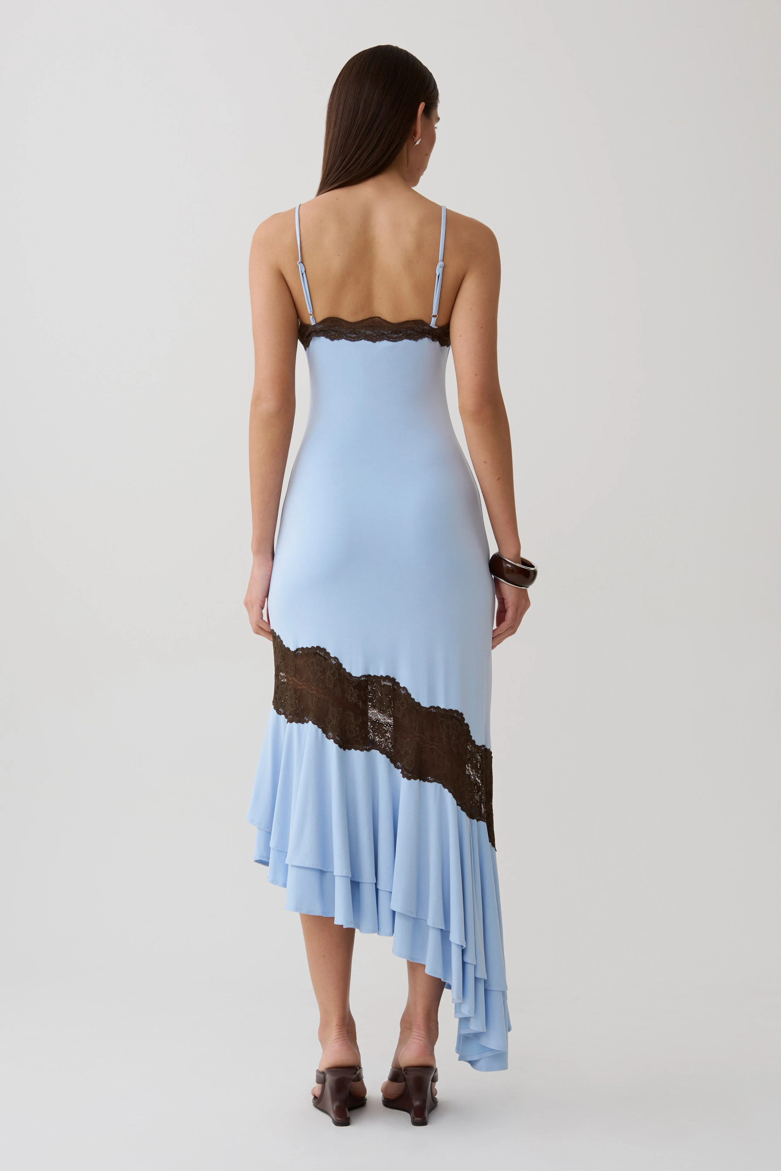 Annis Frilled Hem Lace Midi Dress - Cornflower/Chocolate