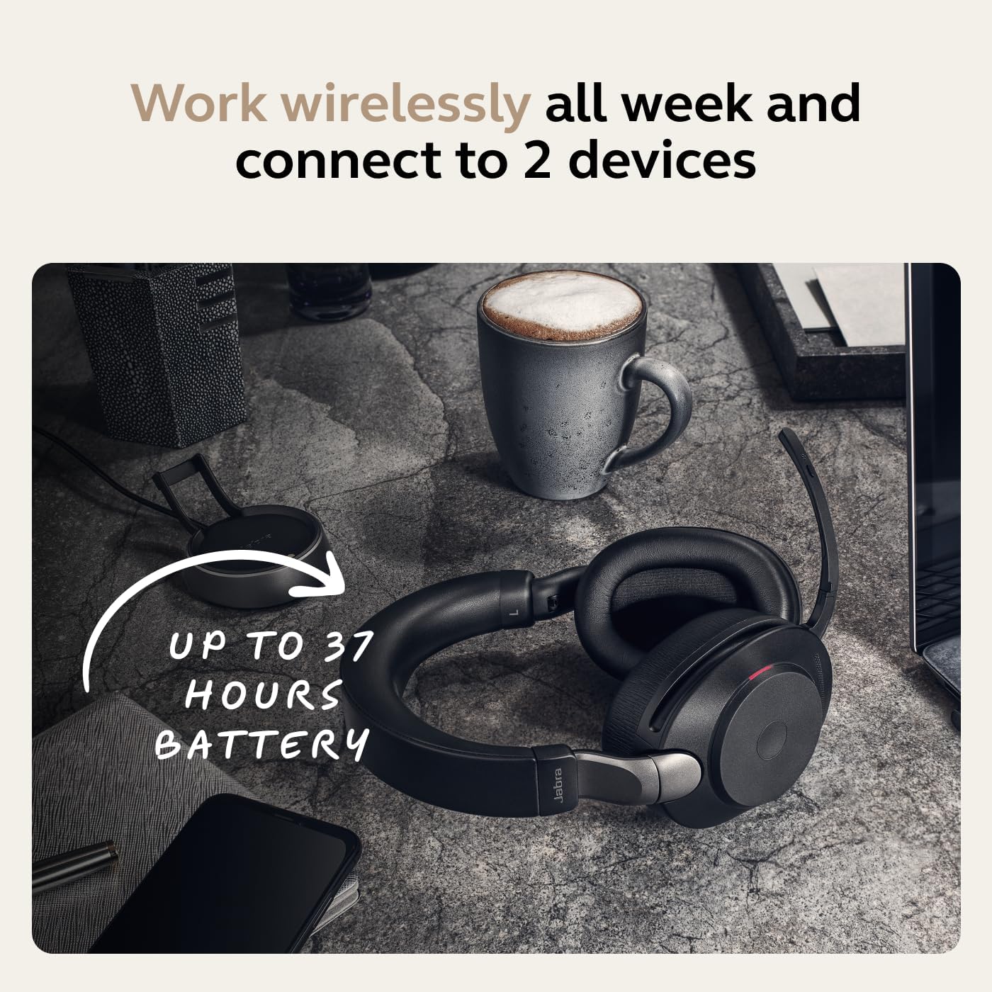 Jabra Evolve2 85 Wireless PC Headset – Noise Cancelling UC Certified Stereo Headphones with Long-Lasting Battery – USB-C Bluetooth Adapter – Black