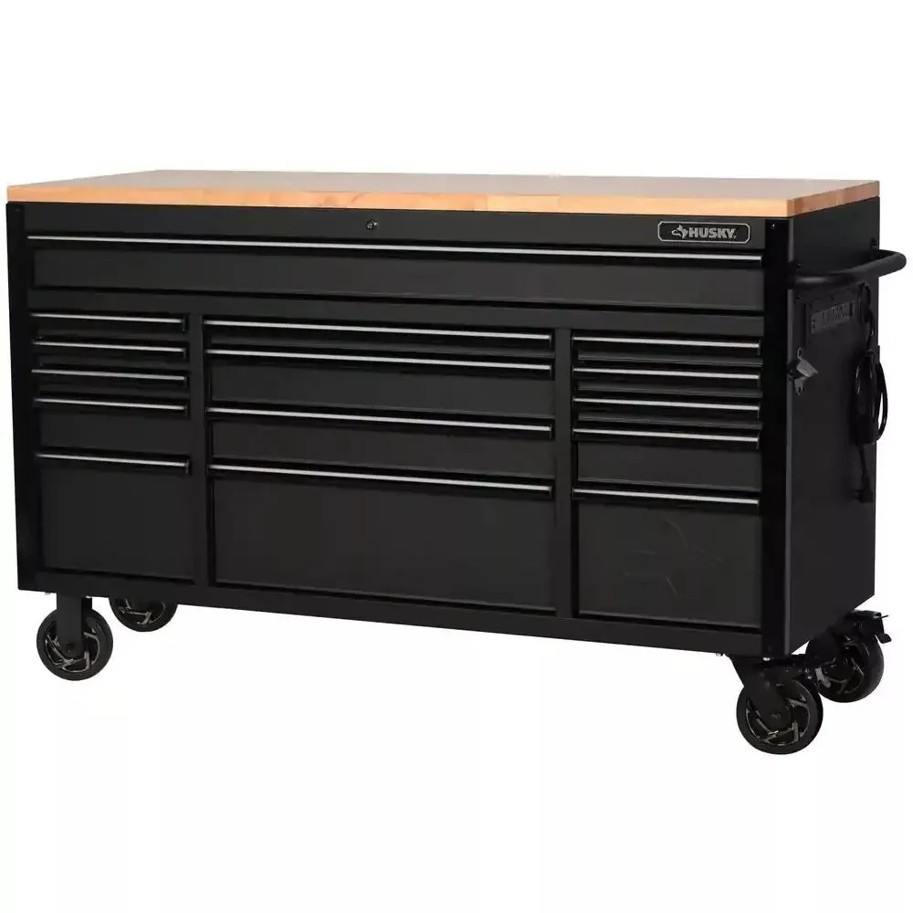 Établi mobile robuste à 15 tiroirs (155 cm L x 58 cm P) avec plateau en bois massif