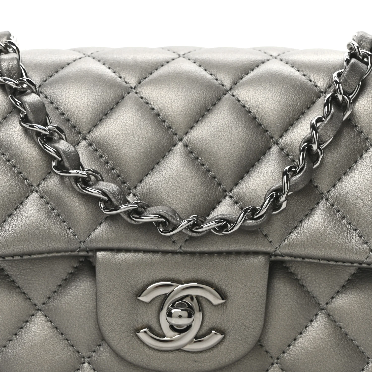 Metallic Lambskin Quilted Mini Rectangular Flap  Dark Grey