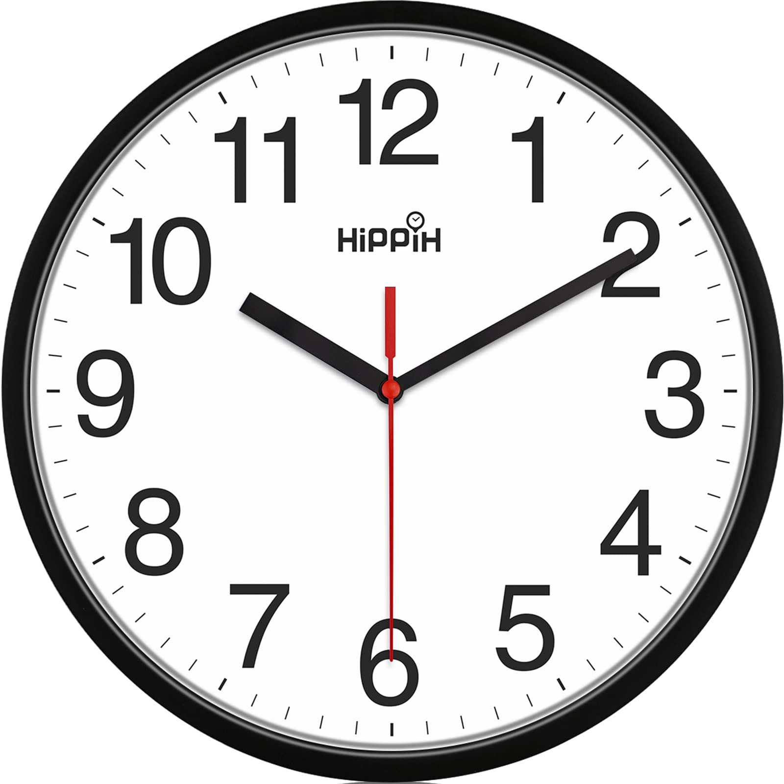 Hippih Black Wall Clock Silent Non Ticking Quality Quartz 10 inch Round Easy to Read for Home Office School Clock Red Second Hand