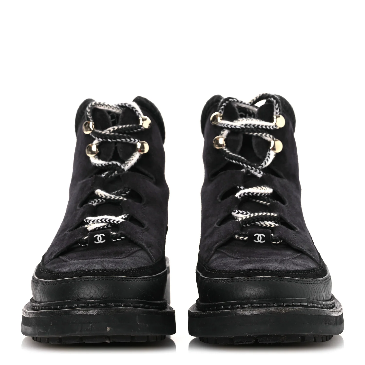 Suede Grained Calfskin CC Lace Up Boots 38 Black