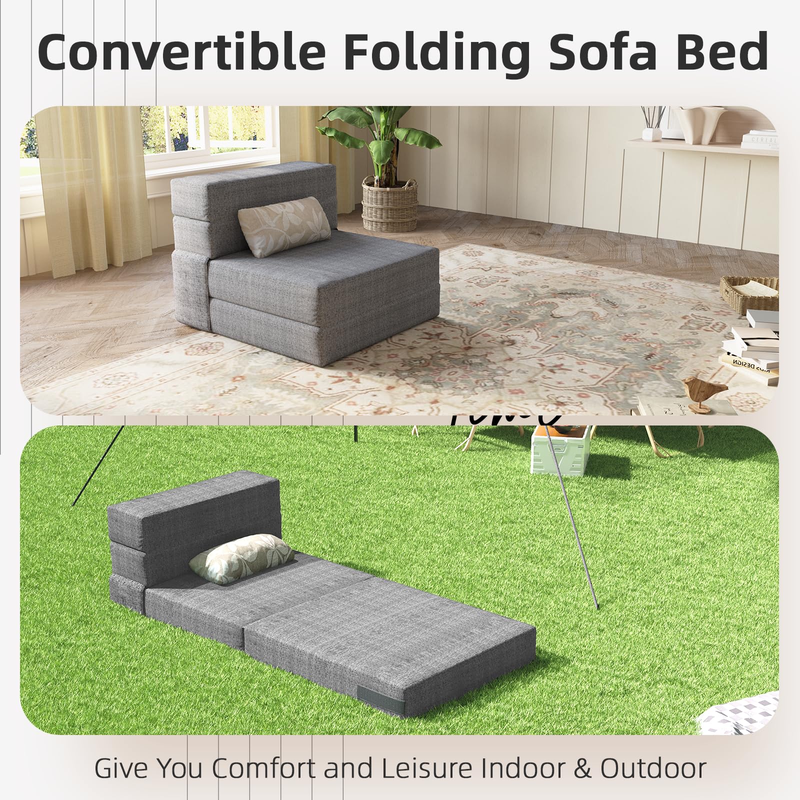 AECOJOY Convertible Folding Sofa Bed, Linen Futon Sleeper with Pillow Foldable Mattress