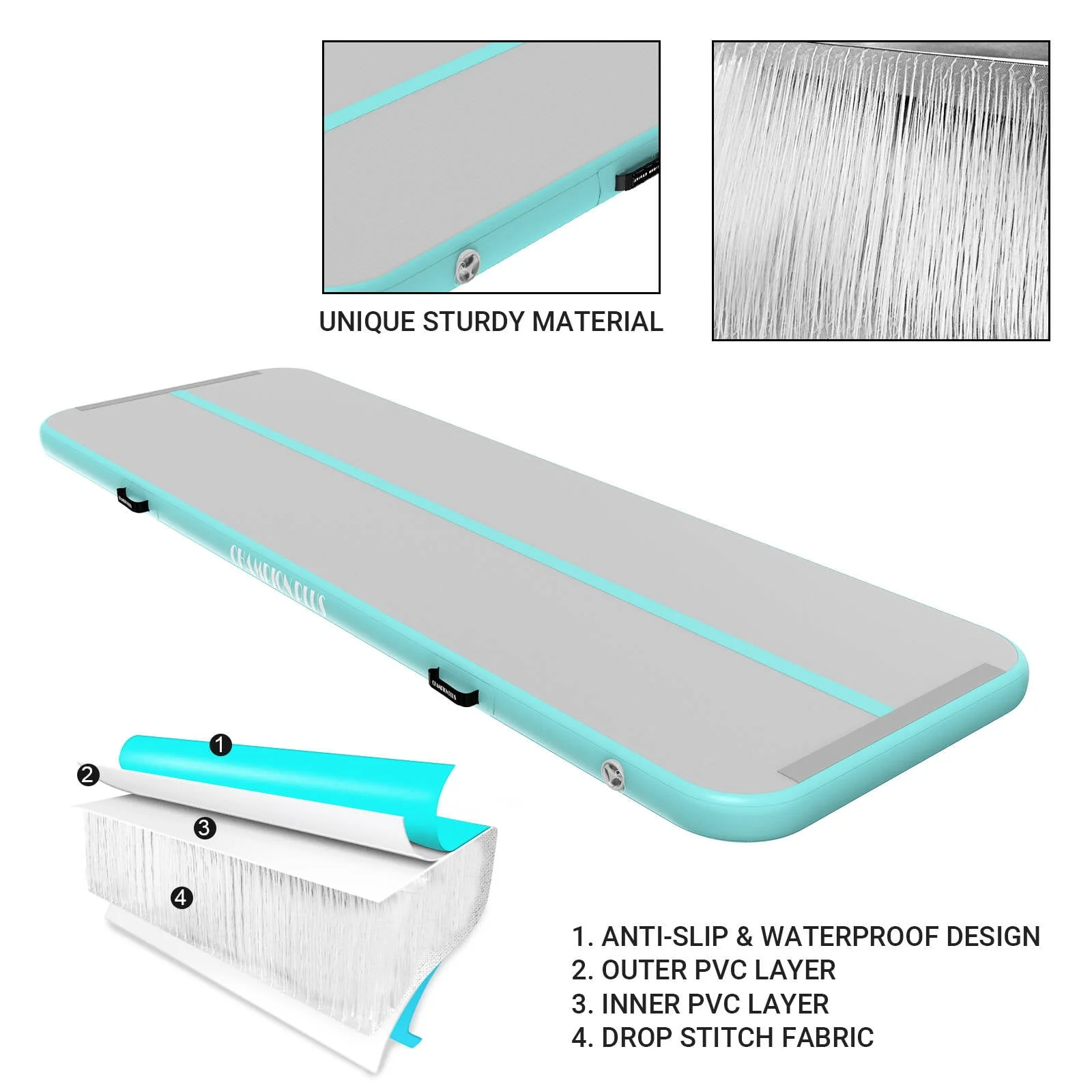 CHAMPIONPLUS Air Track 10ft 13ft 16ft 20ft Inflatable Air Tumble Track Gymnastics Tumbling Mat 4in 8in Thick Mats for Home Use/Training/Cheerleading/Water/Yoga Electric Air Pump, Mint Green 10ft 4in Image 5