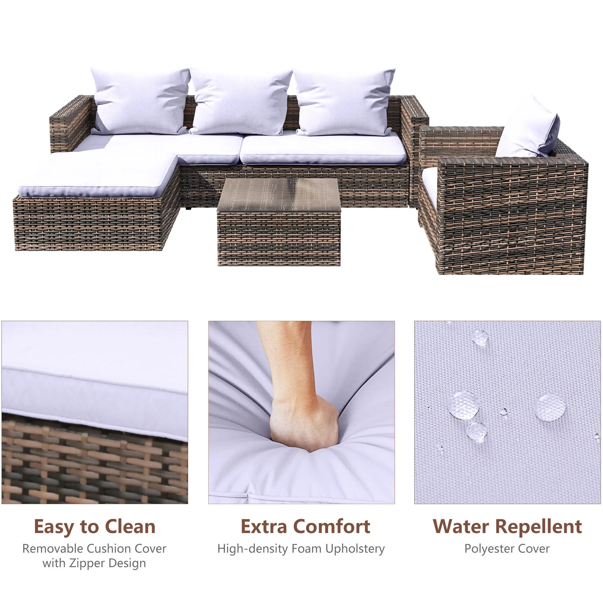 Rattan Patio Sofa Set, 4 Pieces Outdoor Sectional Furniture Set, All-Weather PE Rattan Wicker Patio Conversation Set, Cushioned Sofa Set with Glass Table for Patio Garden Poolside Deck(Brown) - Image 8