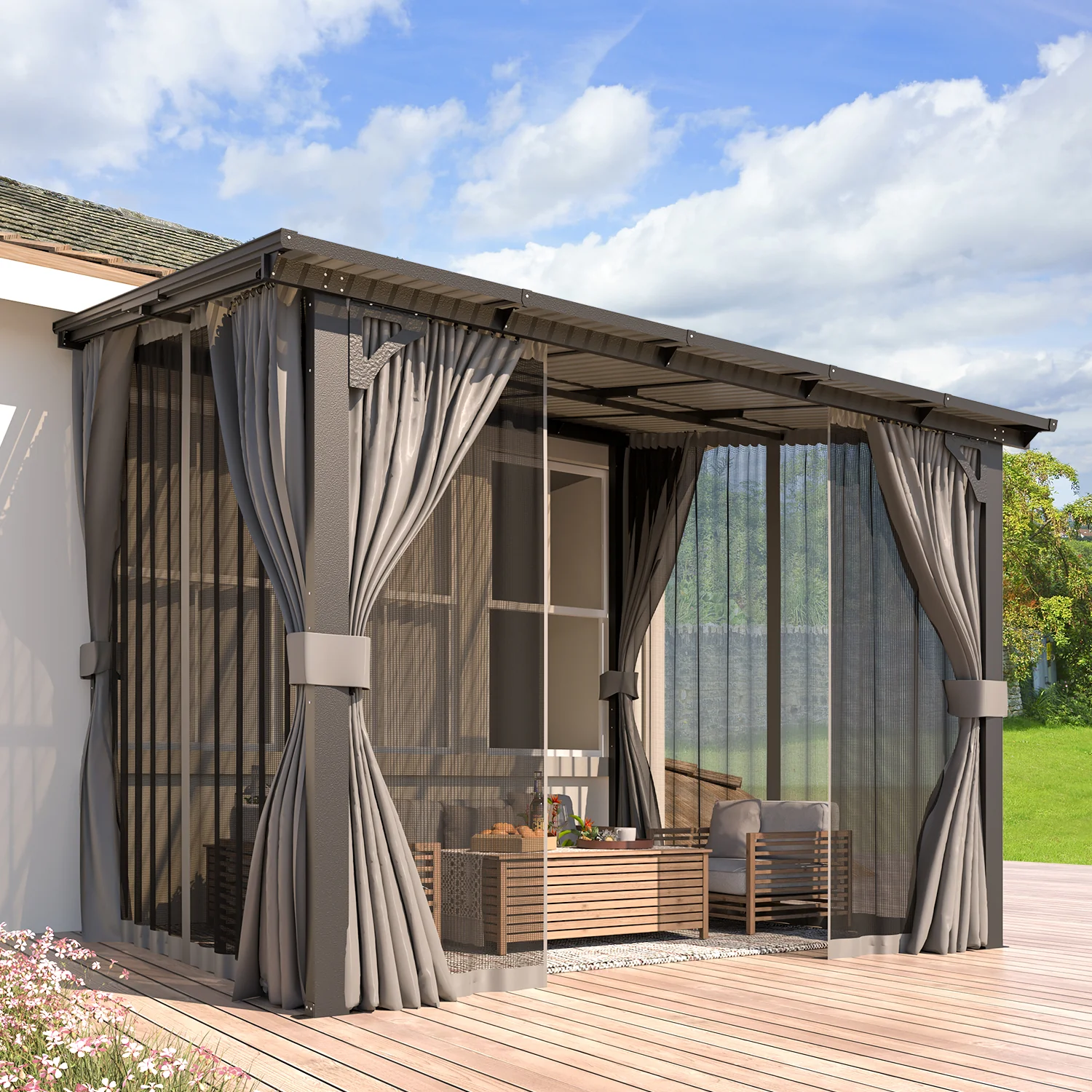 AECOJOY 12'x8' Wall Gazebo with Curtains and Mosquito Netting, Gray