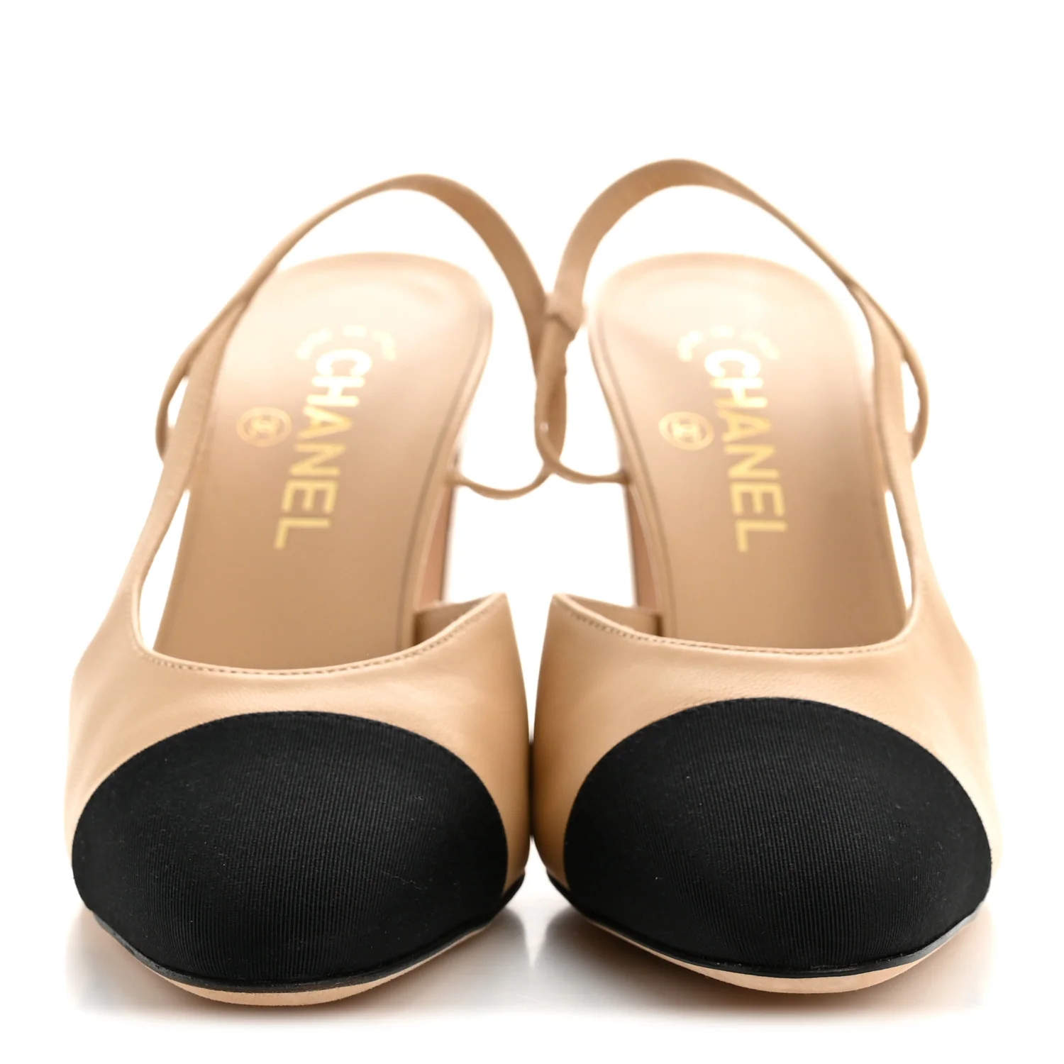 Goatskin Grosgrain Cap Toe CC Slingback Pumps 38.5 Beige Black