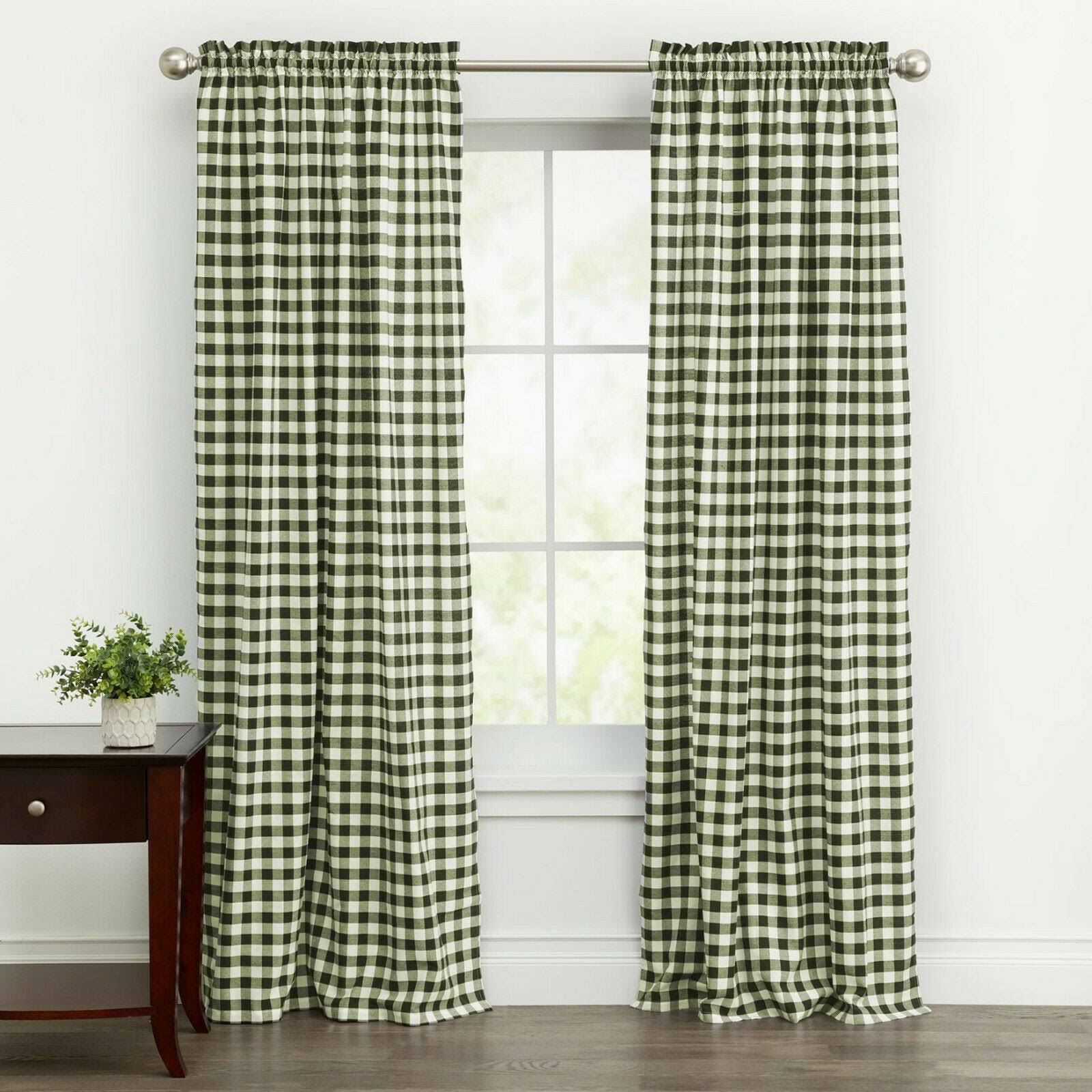 Kate Aurora Country Farmhouse Buffalo Check Plaid Gingham Window Curtains - Sage - 42 in. W x 63 in.