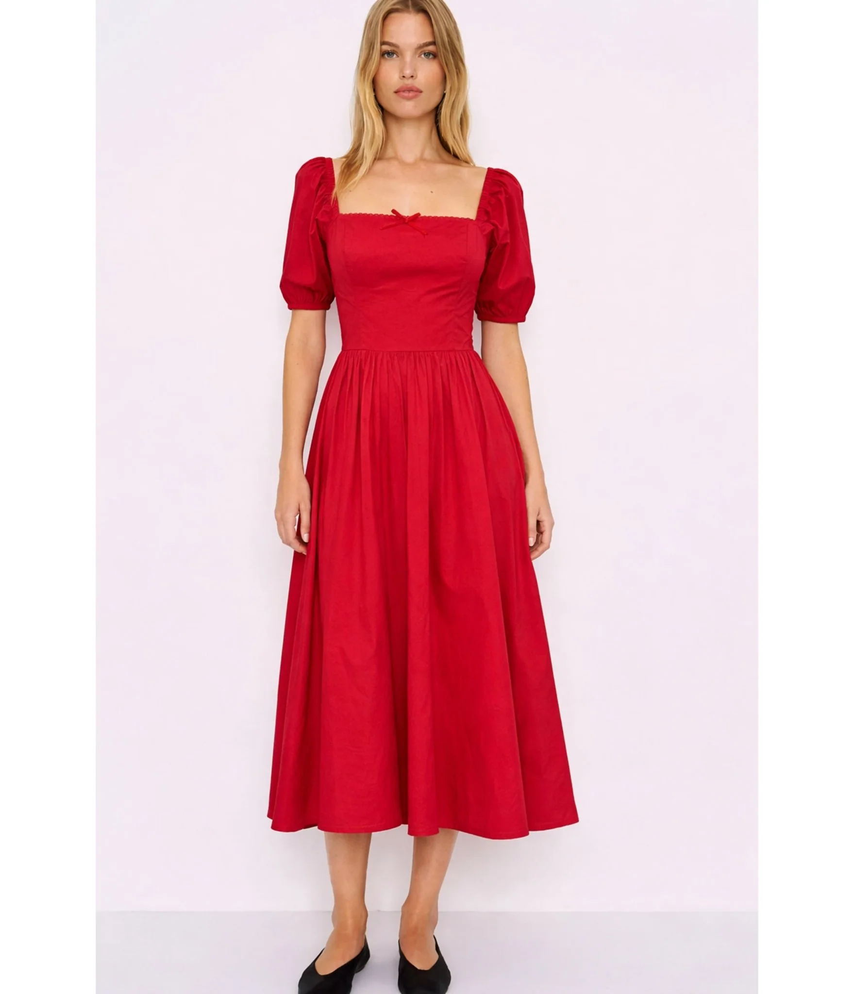 Red Puff Sleeve Midi Dress