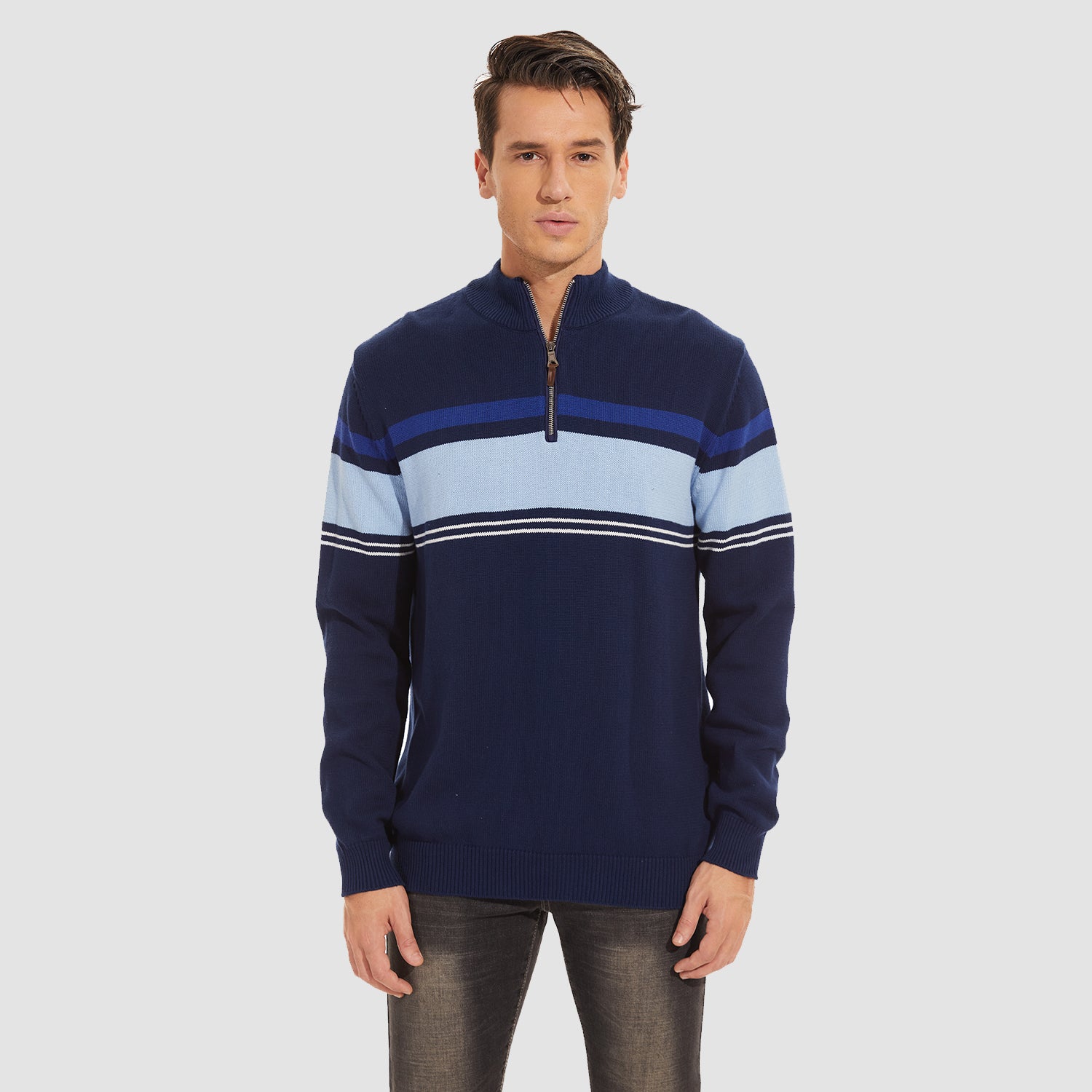 Pull homme à col roulé et demi-zip, chaud, coupe ajustée, décontracté et confortable, rayé, en maille.