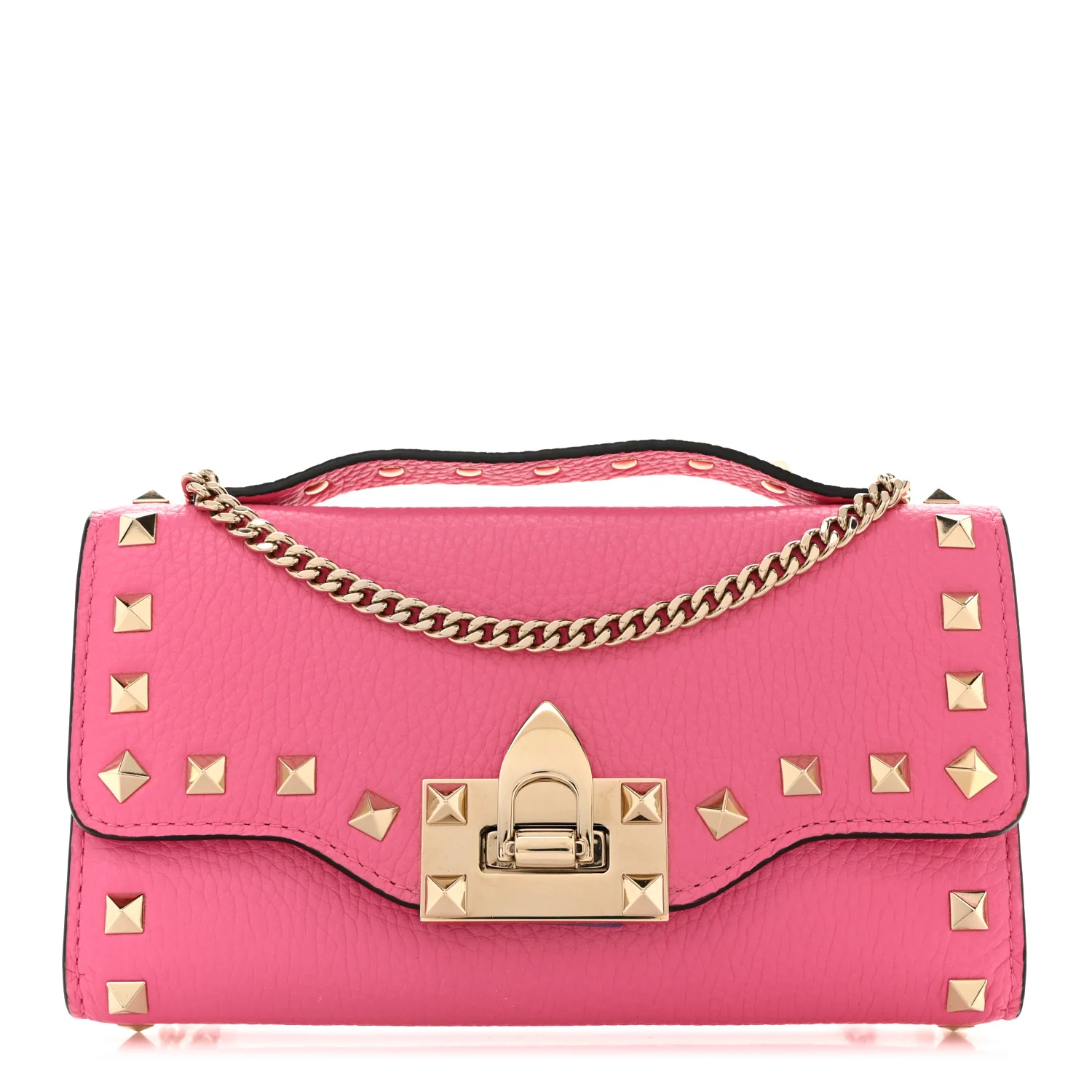 Pebbled Calfskin Rockstud Flip Lock Wallet On Chain Feminine Pink