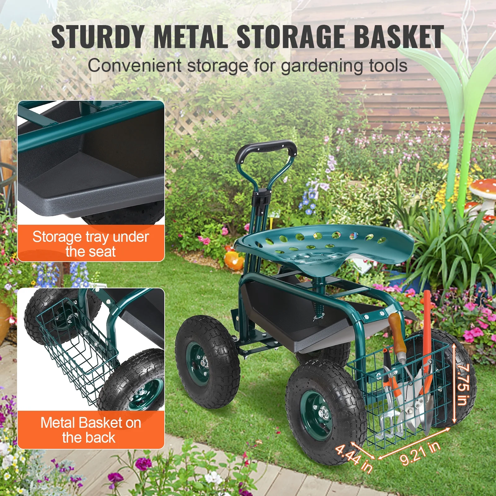Garden Cart Rolling Workseat with Wheels, Gardening Stool for Planting, 360 Degree Swivel Seat, Wagon Scooter with Steering Handle Utility Tool Tray, Use for Patio, Yard, and Outdoors(Green) - Image 2