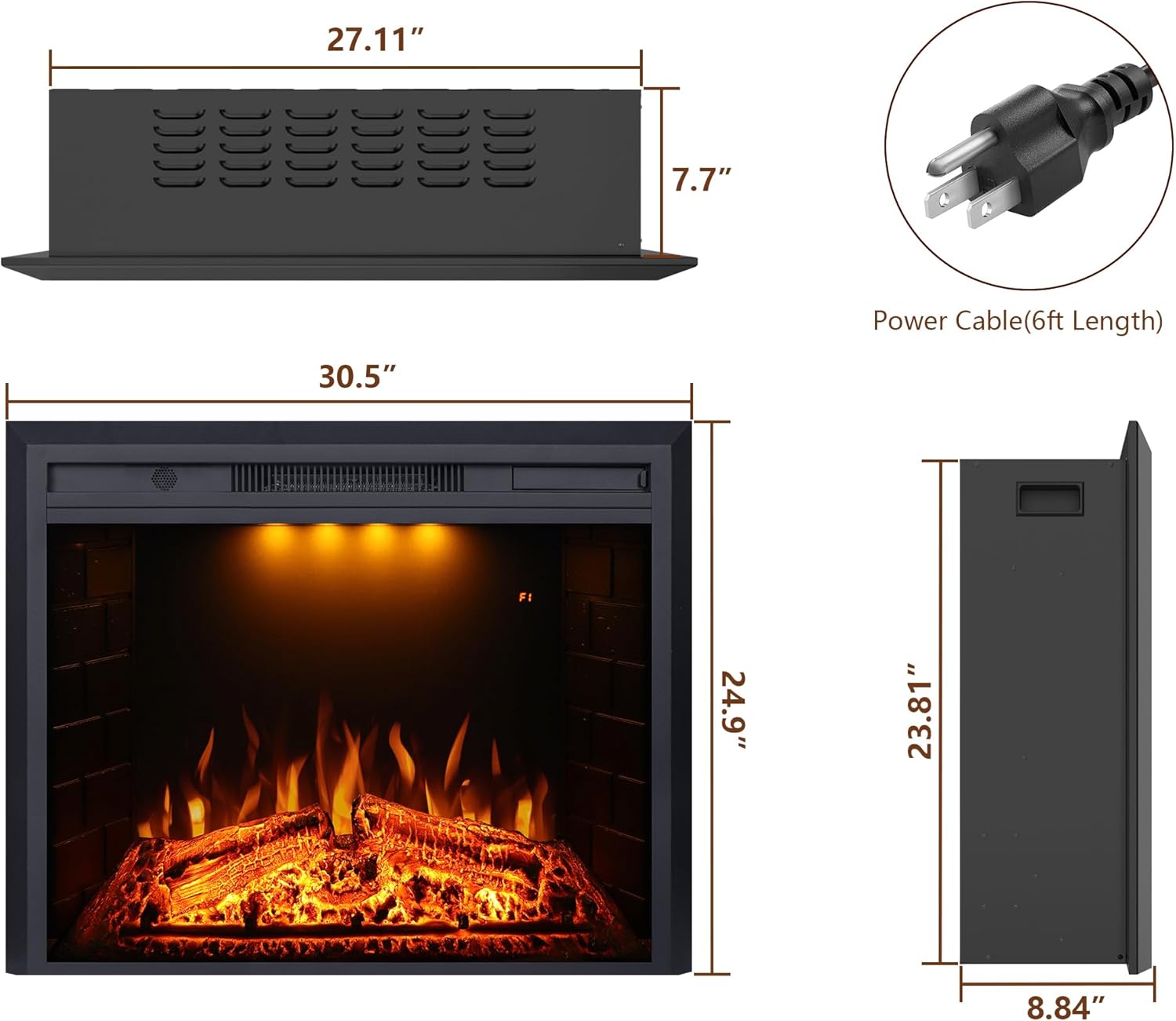 Valuxhome Recessed Electric Fireplace, 30 Inches Electric Fireplace Insert, Fireplace Heater with Overheating Protection, Fire Crackling Sound, Remote Control, 750/1500W, Black