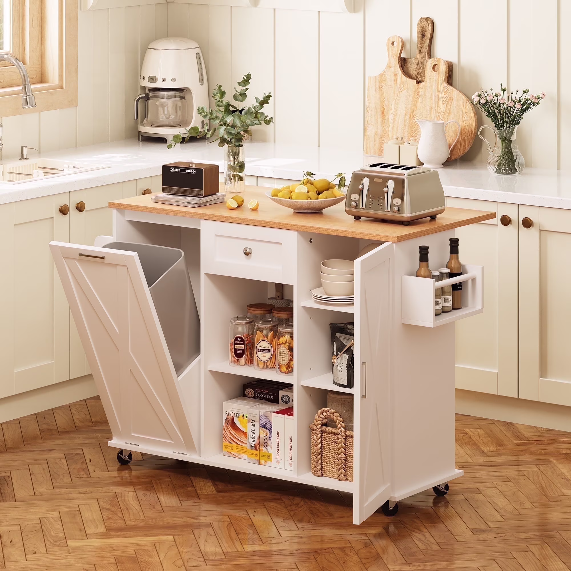 48" Kitchen Island Cart with Drop Leaf, 10 Gallon Storage and Tilt Out Trash Can Cabinet, Portable Kitchen Island with Wheels Drawer and Adjustable Shelves for Kitchen, White(White)