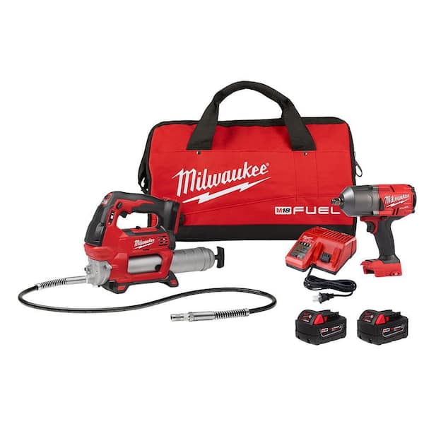 M18 FUEL 18V Lithium Ion Brushless Cordless 1/2 in  High Torque Impact Wrench with Grease Gun Kit, Resistant Batteries